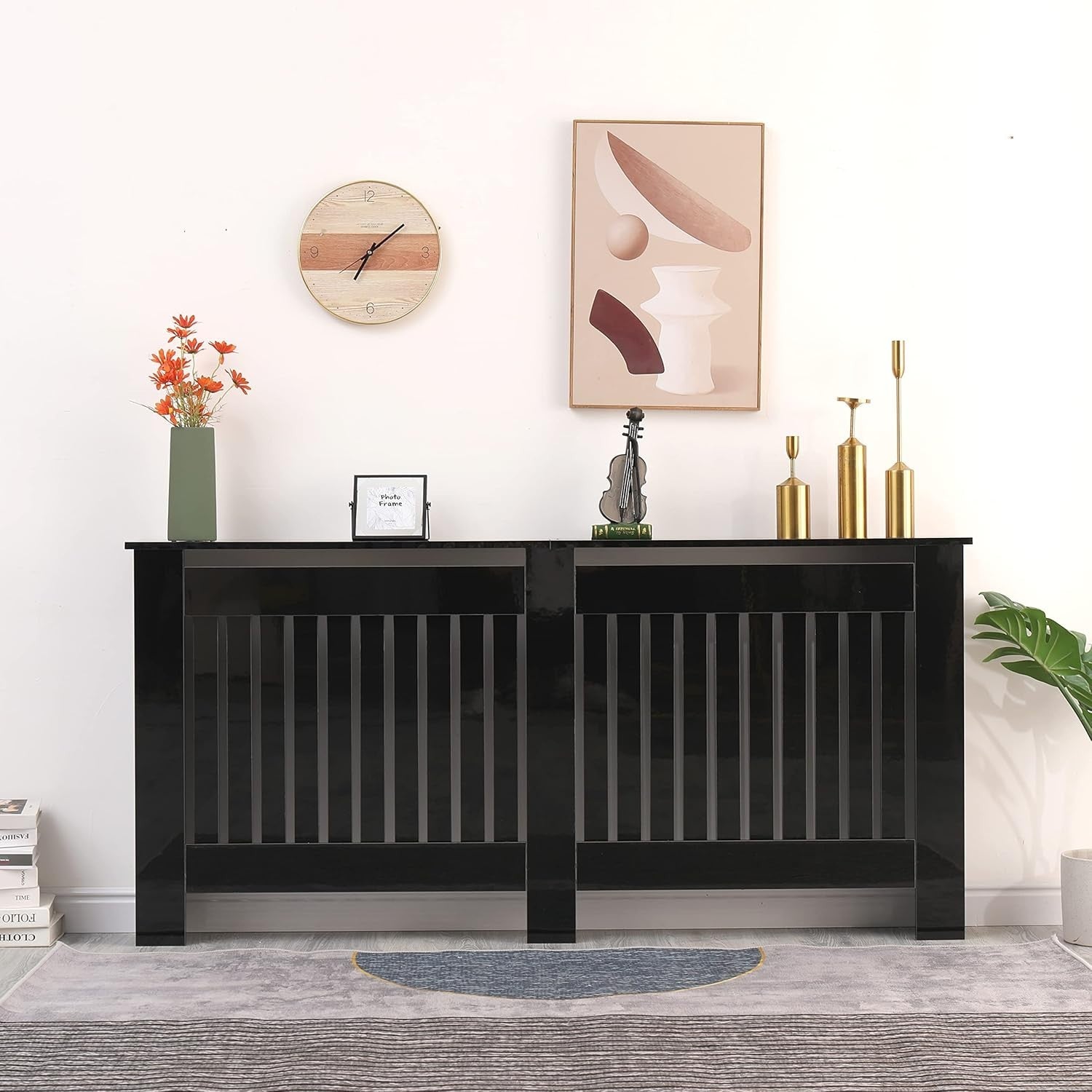 High Gloss Black Radiator Cover XL Modern Slatted Cabinet Shelf 172x19x85cm