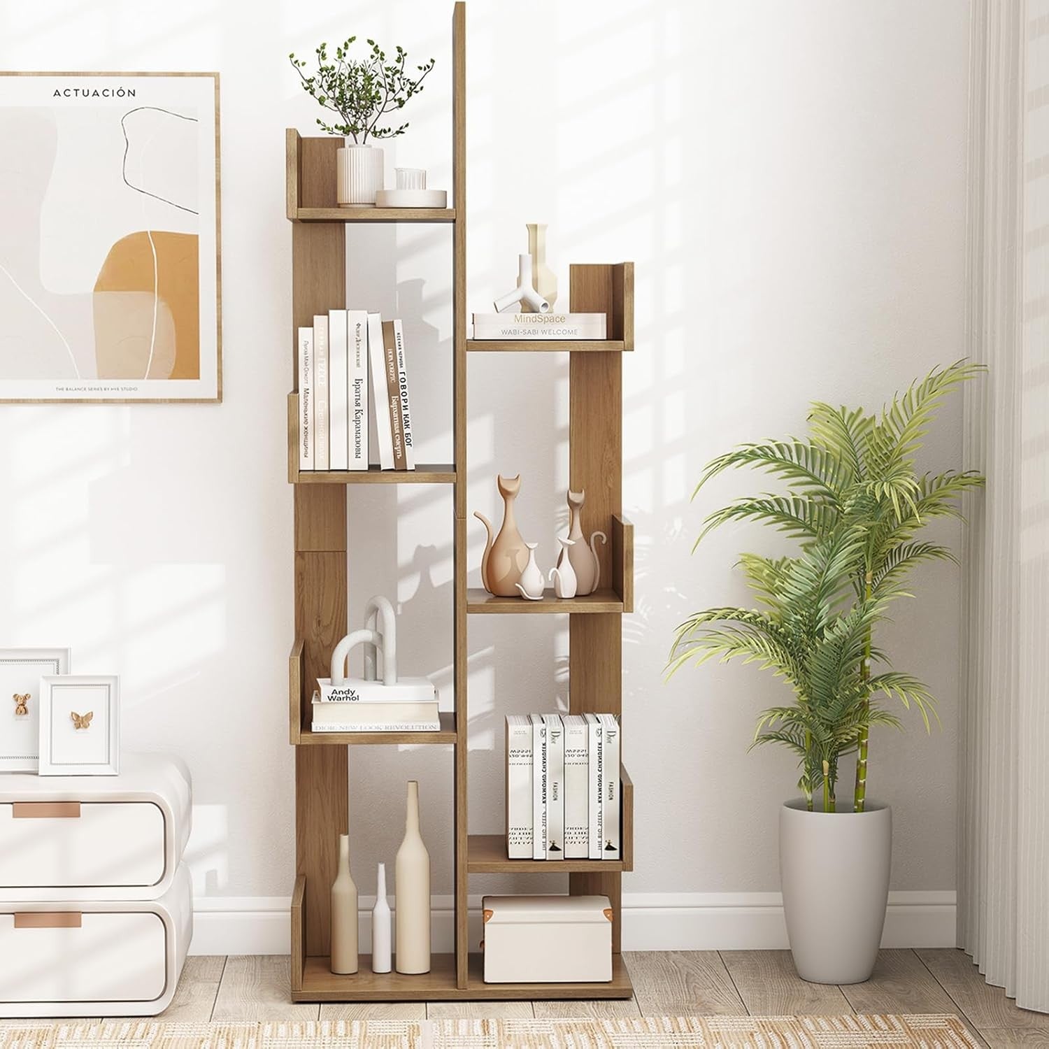 Modern Tree Bookshelf 8-Tier Floor Standing Storage Rack Natural Wood Unit