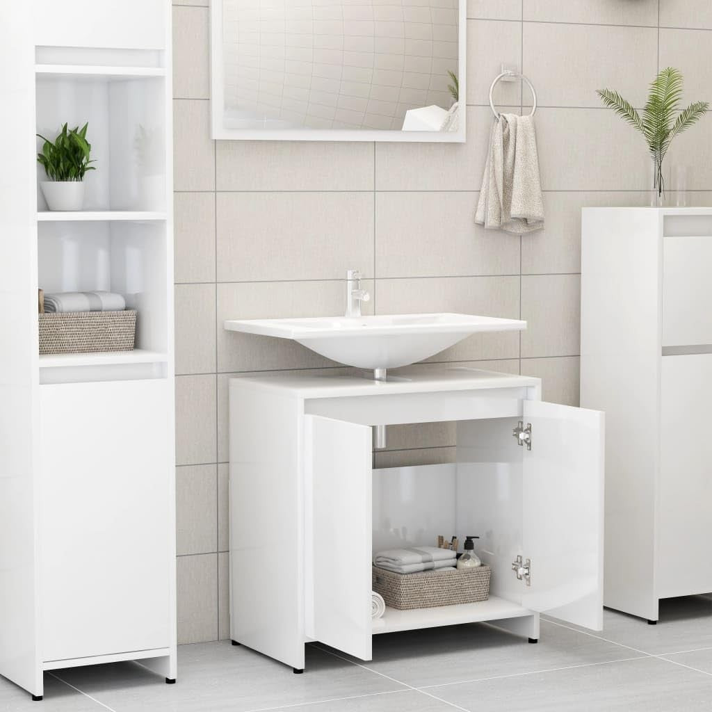 White Gloss Bathroom Sink Cabinet – 2 Door Under Sink Storage Unit 60x61cm