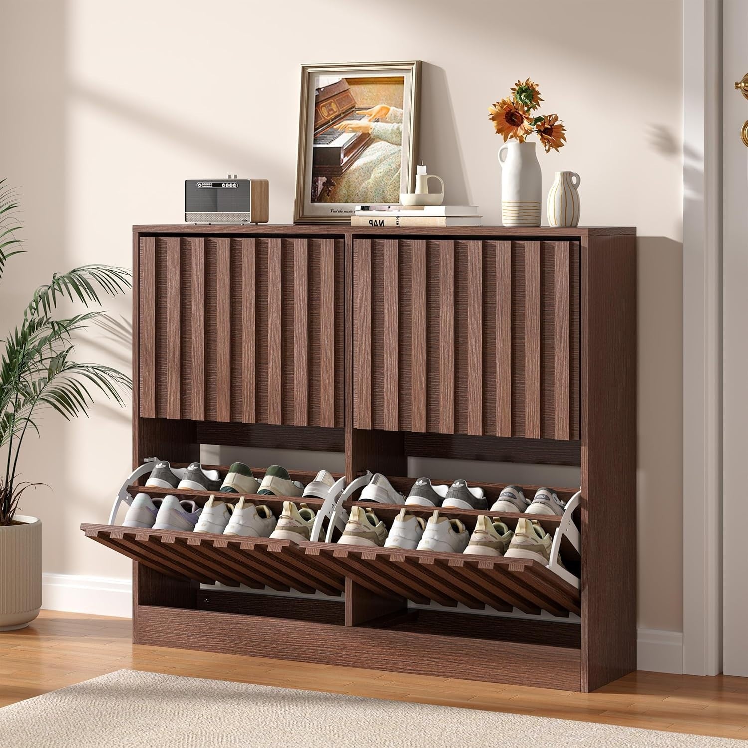 Wide Wooden Shoe Cabinet 4 Flip Drawers Ventilated Storage Modern Walnut