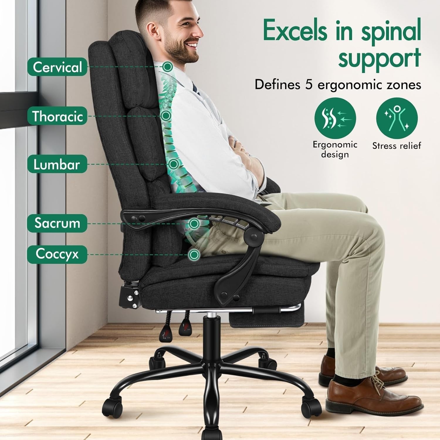 Ergonomic Office Chair Swivel Desk Chair Linen Adjustable Height Solid Back NEW