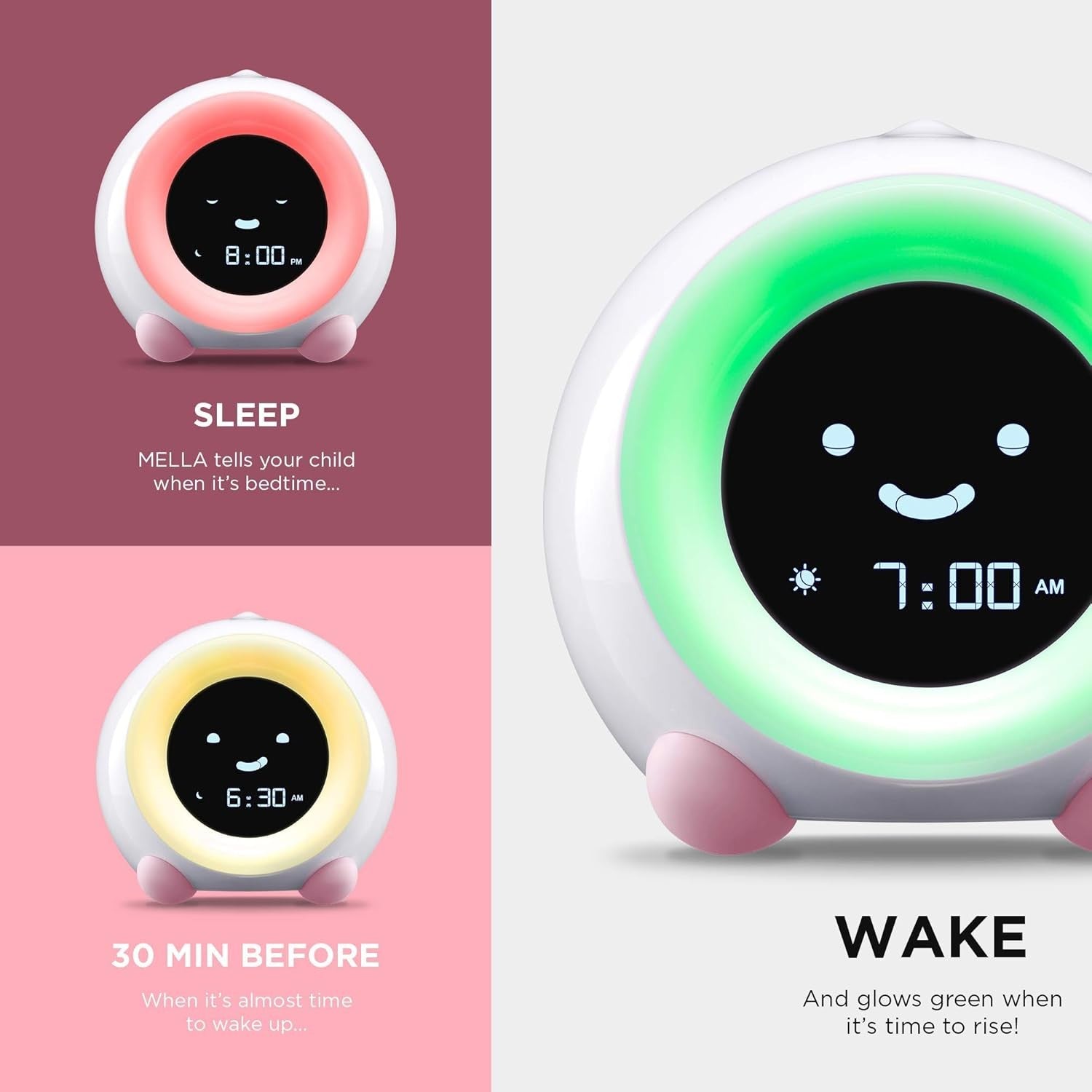Kids Sleep Trainer Alarm Clock Night Light Sound Machine Blush Pink