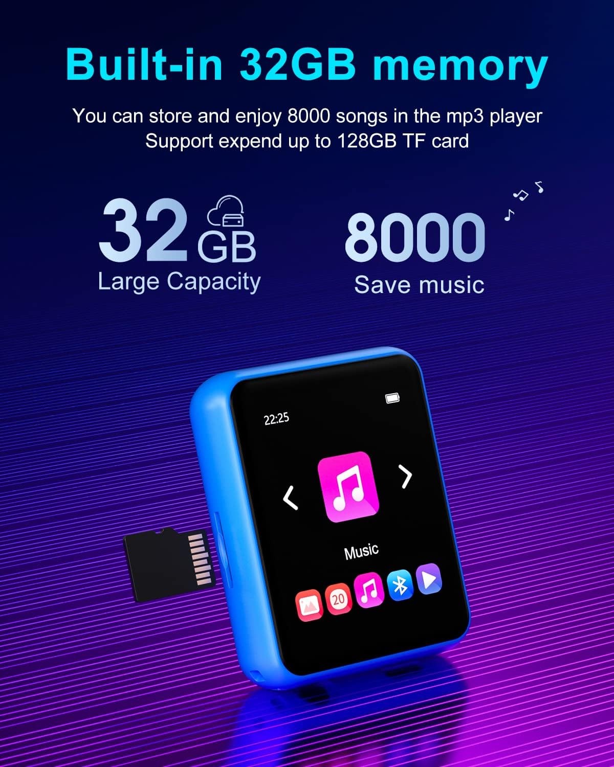 32GB Bluetooth 5.0 MP3 Player Blue 2.4" Touch Screen FM