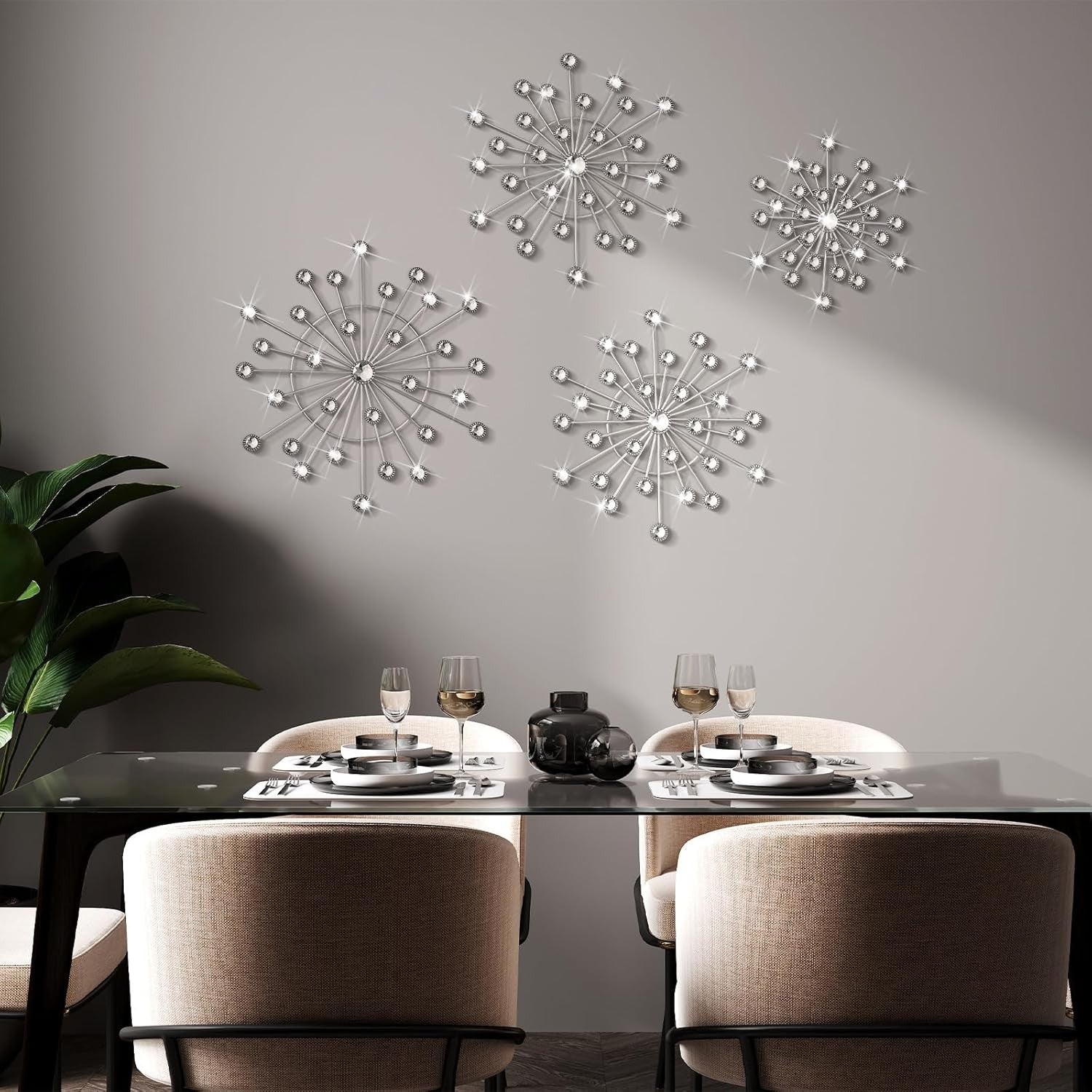 Silver Metal Wall Art Starburst Set Modern 4 Piece Living Room Decor