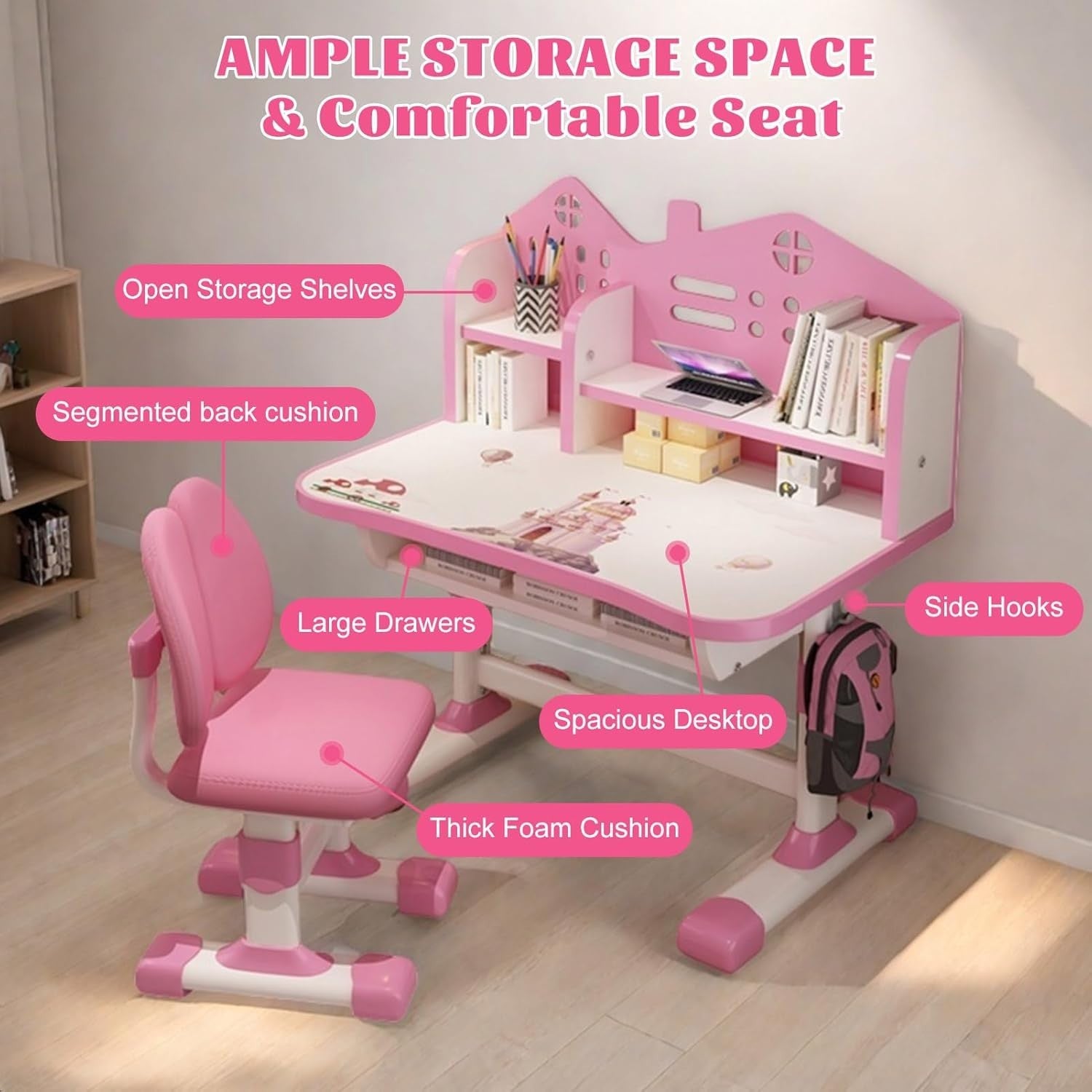 Adjustable Kids Desk & Chair Set with Drawer, Castle Backboard, Ergonomic Pink