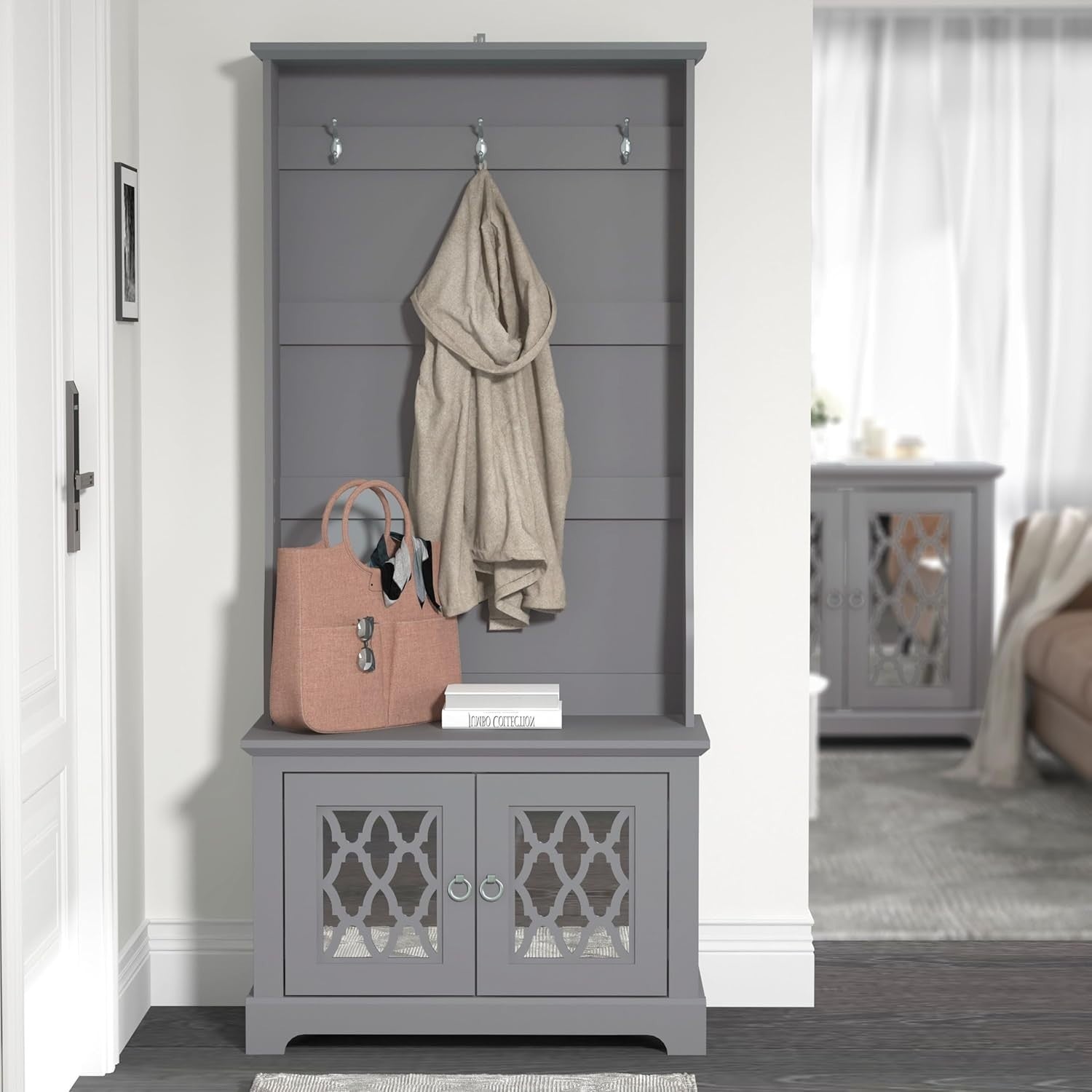 Cool Grey Hallway Bench with Coat Rack Storage Cabinet Entryway Organizer