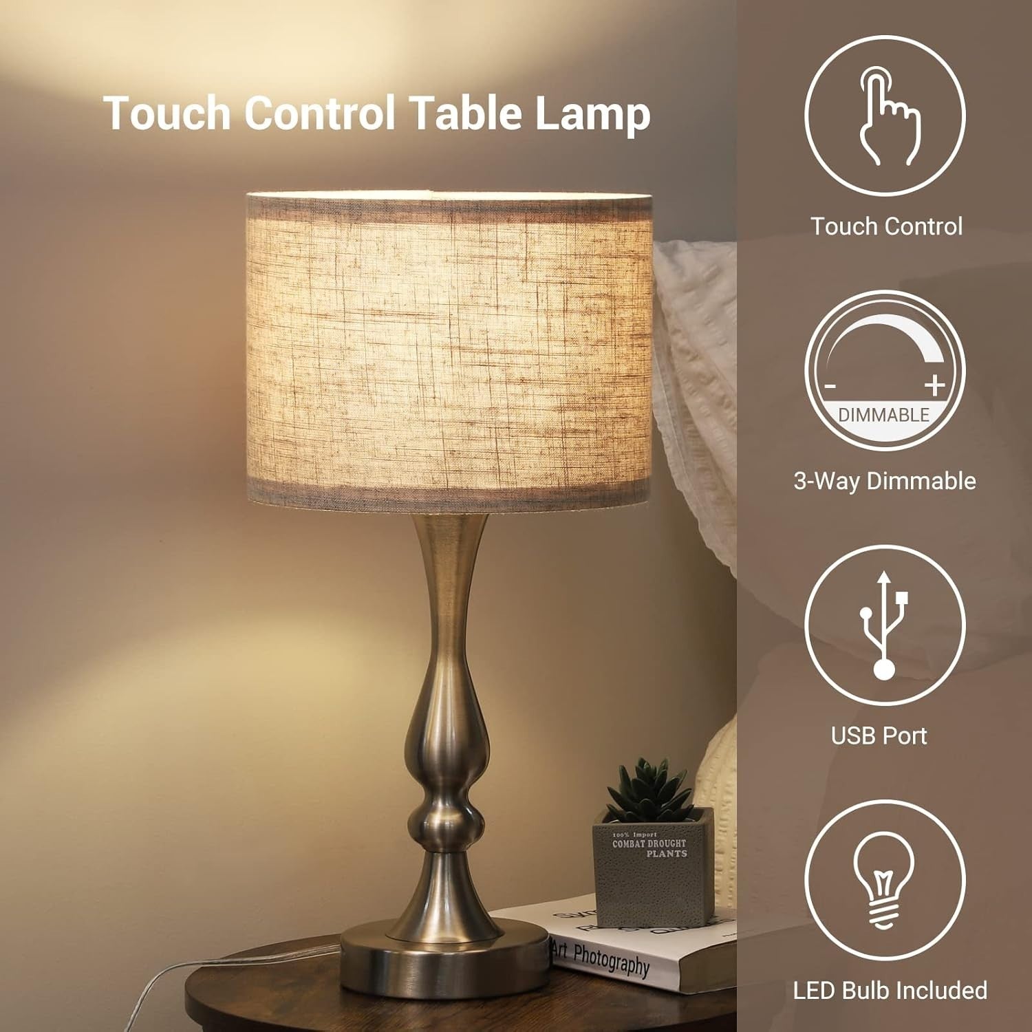 Dimmable Touch Table Lamps Set of 2 USB Charging Beige Linen Shade