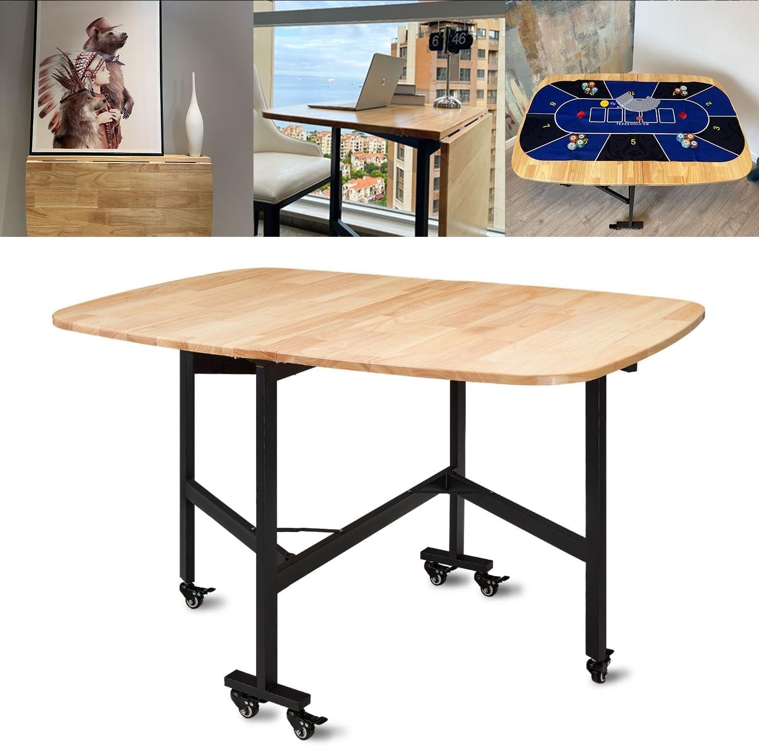 120CM Drop Leaf Folding Kitchen Table with 6 Lockable Wheels
