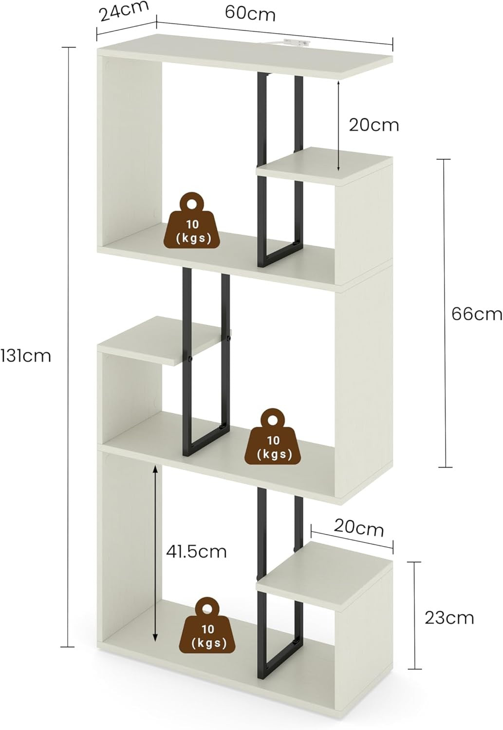 White 3-Tier Slim Bookcase Room Divider, Asymmetric Display Storage Shelf