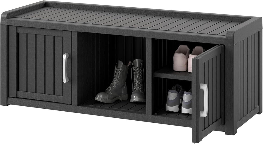 Waterproof Shoe Storage Cabinet Bench 2 Door Resin Unit with Shelves Black
