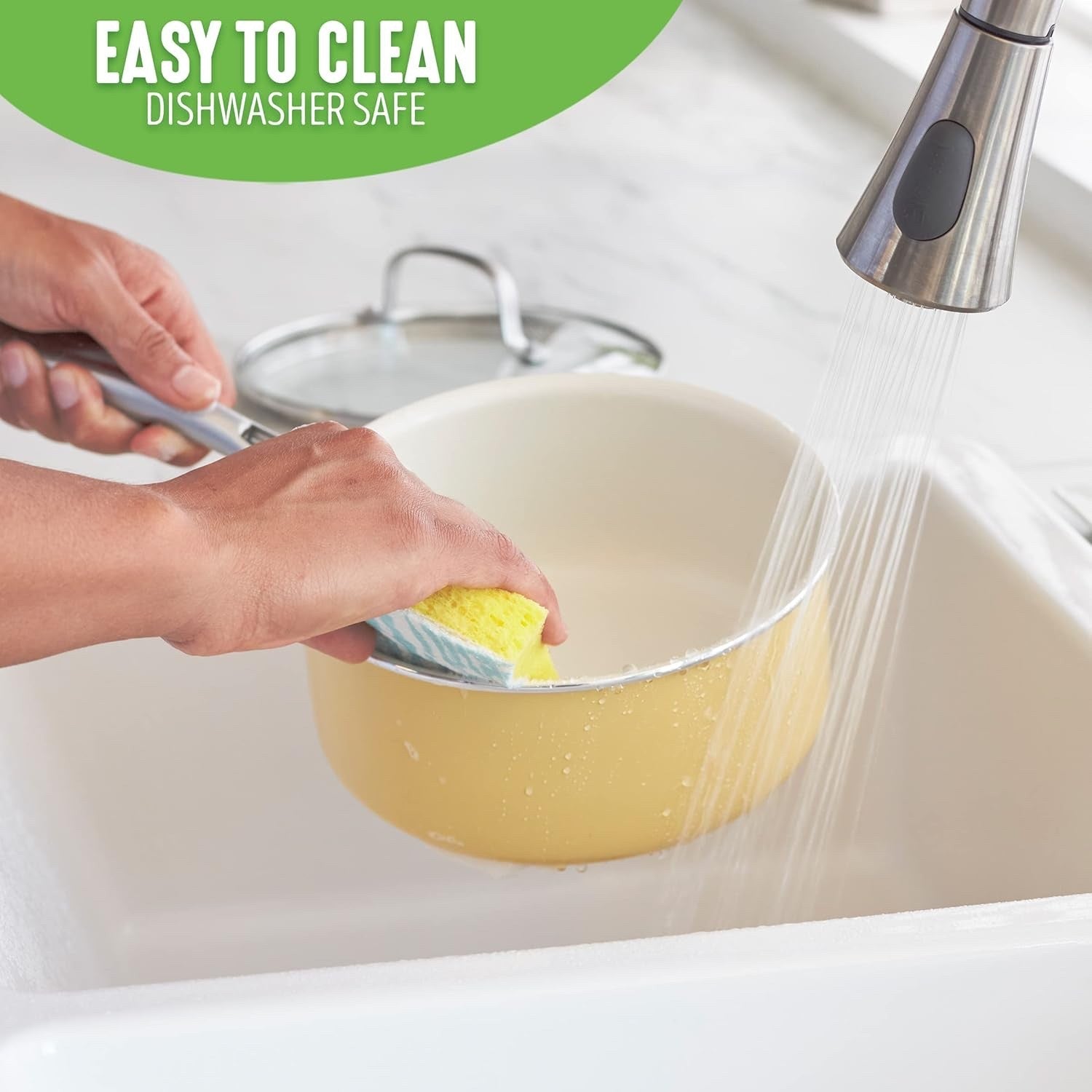 2Pcs Yellow Ceramic Saucepan Set Non Stick 14cm 18cm With Lids Induction Safe