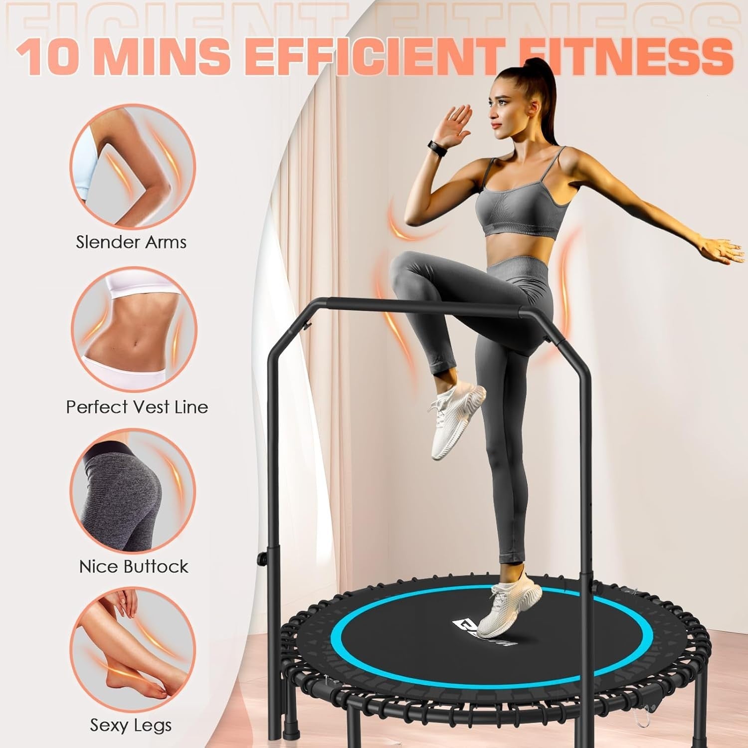 40in Fitness Rebounder Trampoline Adjustable Handle Silent Bungee 450lb