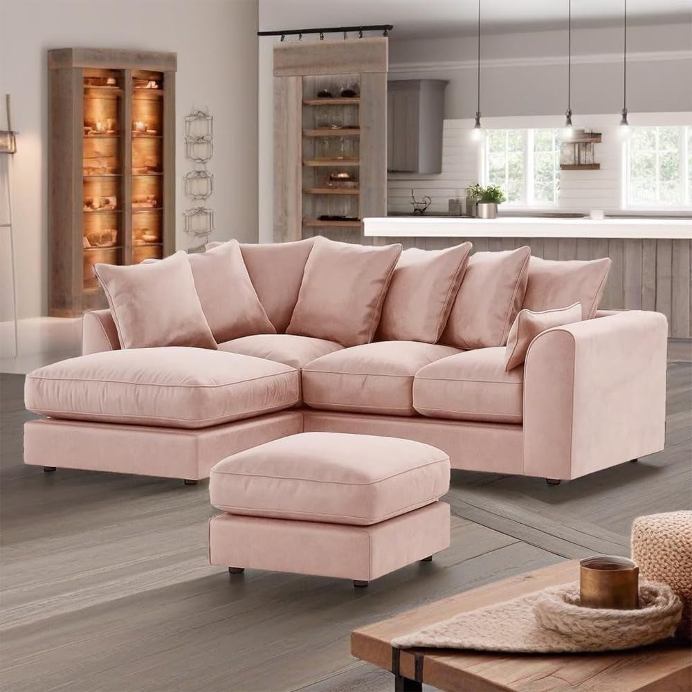 Velvet Pink L Shape Corner Sofa – 4 Seater Scatter Back Couch Left Hand