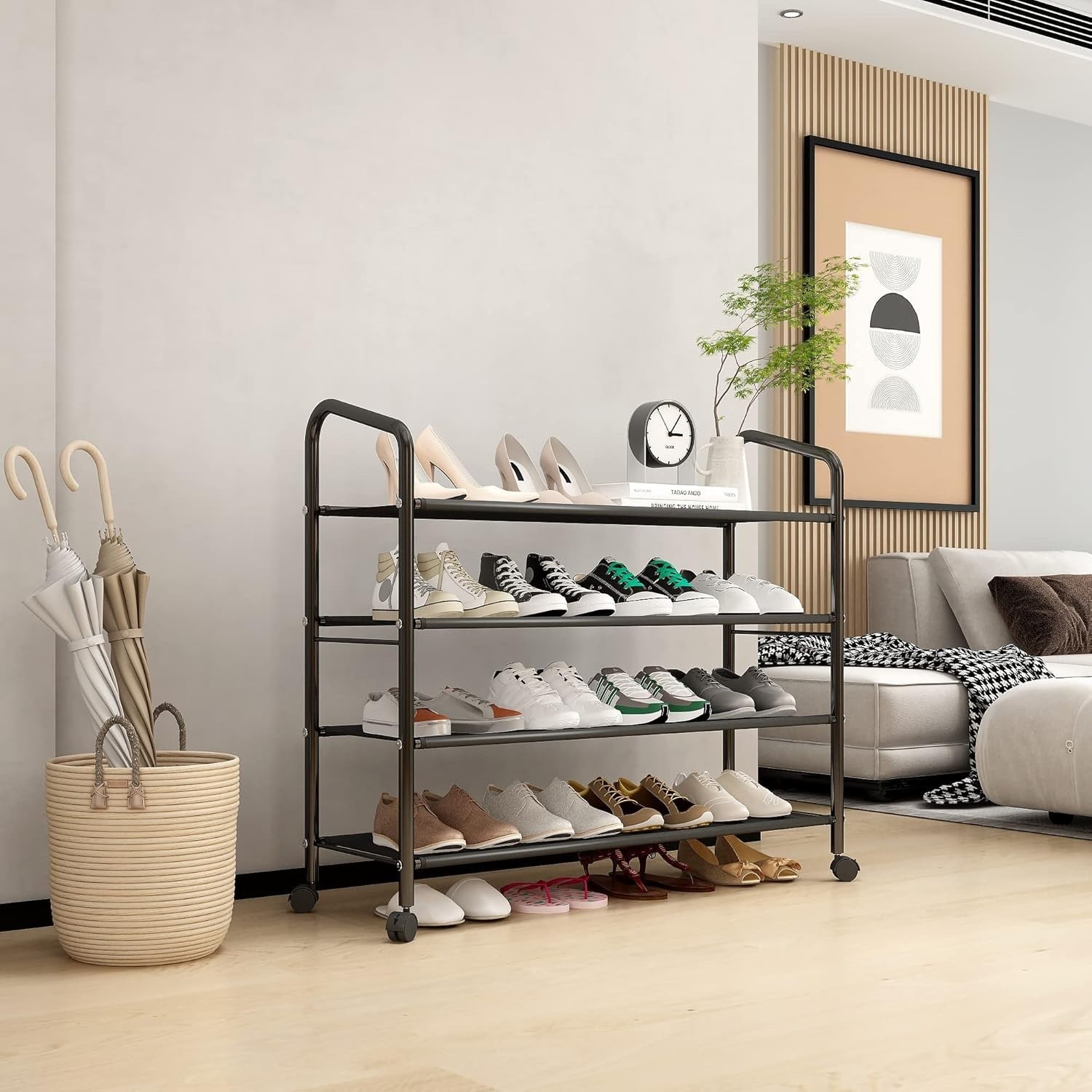 4-Tier Rolling Shoe Rack with Waterproof Fabric Shelves & Locking Wheels