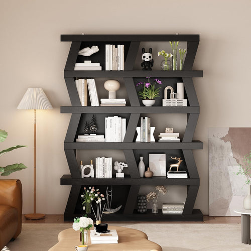 Modern Black Wave Bookcase with 10 Shelves Freestanding Display Unit