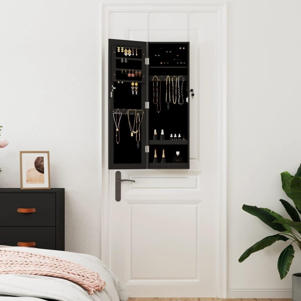 Slim Wall Mounted Jewelry Cabinet Mirror Lockable Vertical Storage Black