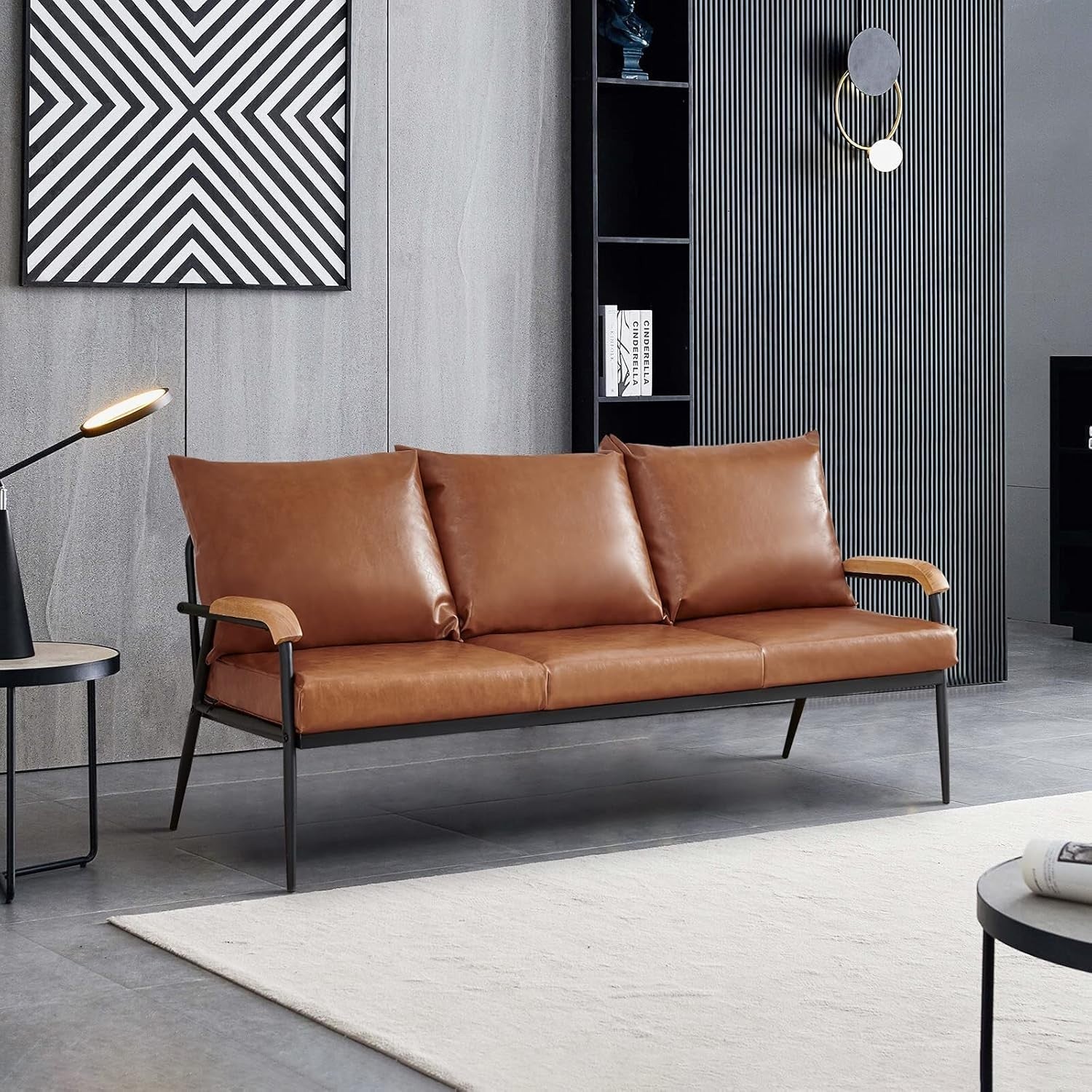 3 Seater Faux Leather Sofa Bed – Metal Frame, Wood Arms, Modern Style