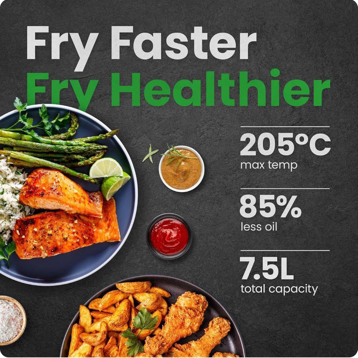 Air Fryer 7.5L XL Family Size, 1800W, No Oil, 4 Presets, Dishwasher Safe