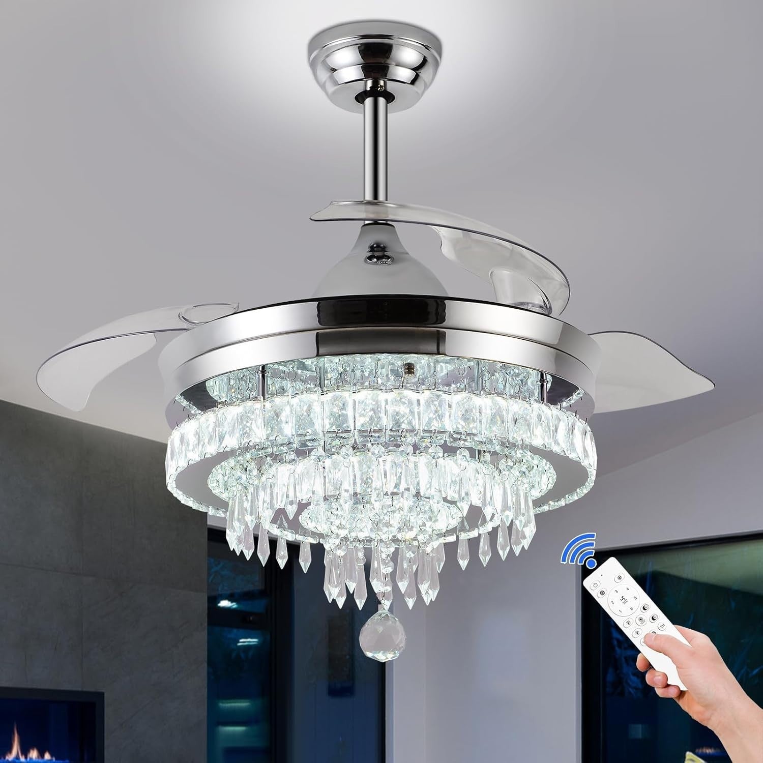 42" Crystal Ceiling Fan with Light Dimmable Remote Black