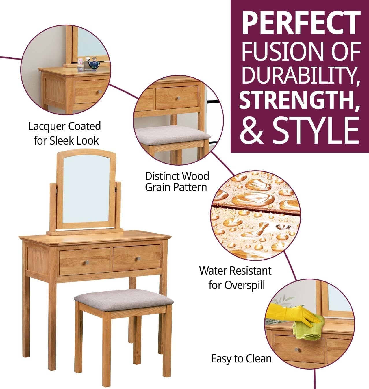 Light Oak Dressing Table Vanity Set Mirror Stool 2 Drawer Storage Bedroom