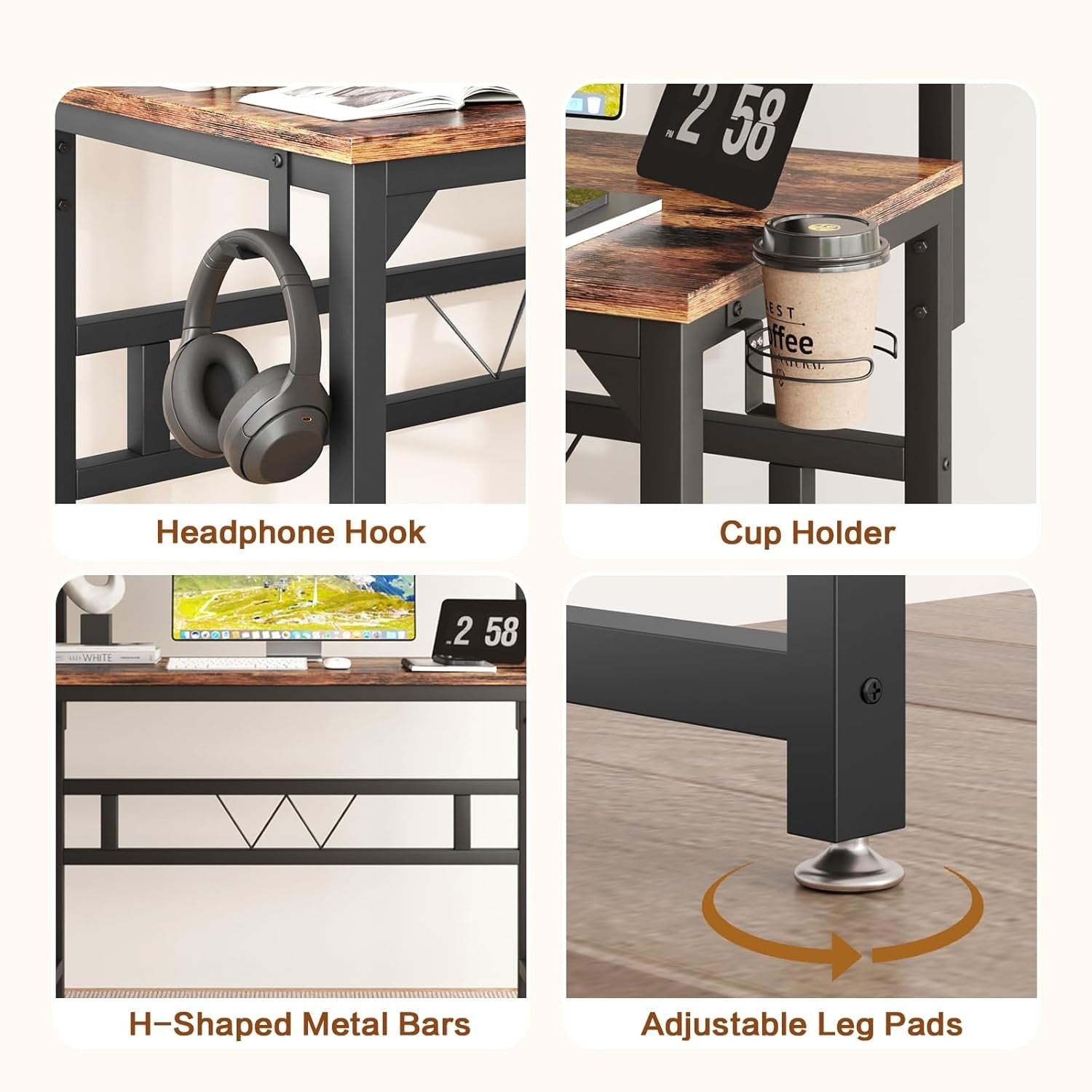 Rustic Brown Gaming Desk 100cm w/Adjustable Monitor Stand & Cup Holder