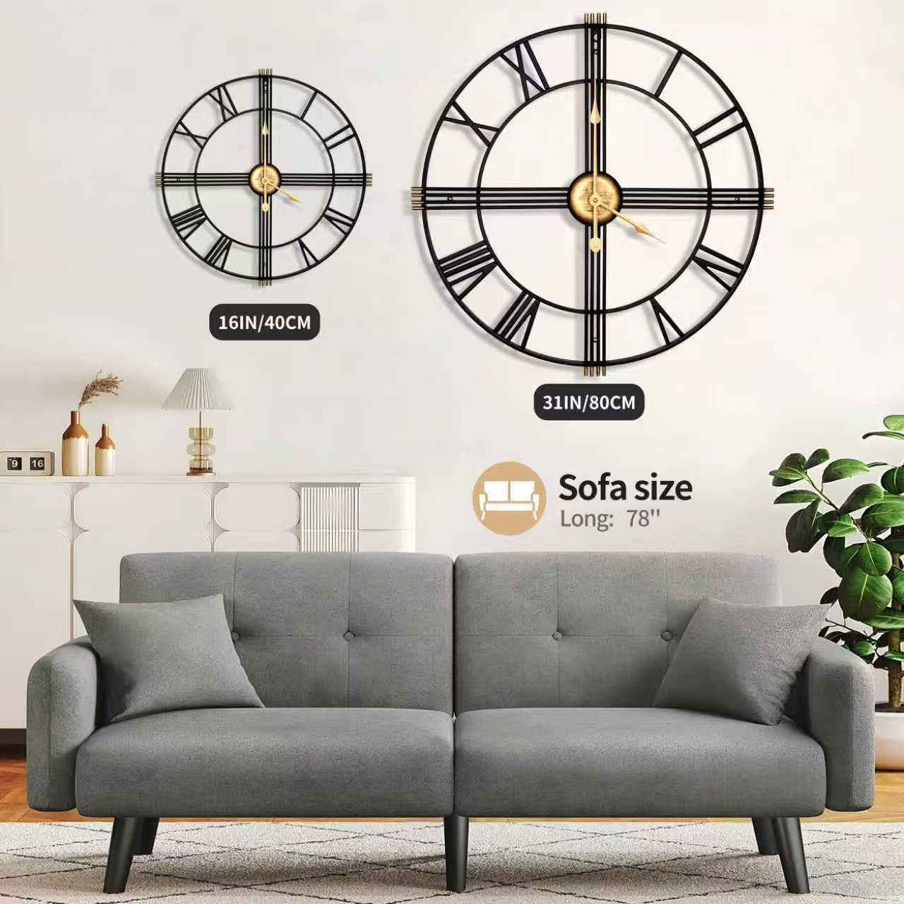 Large Modern Metal Wall Clock 40cm Silent Roman Numeral Skeleton Decor