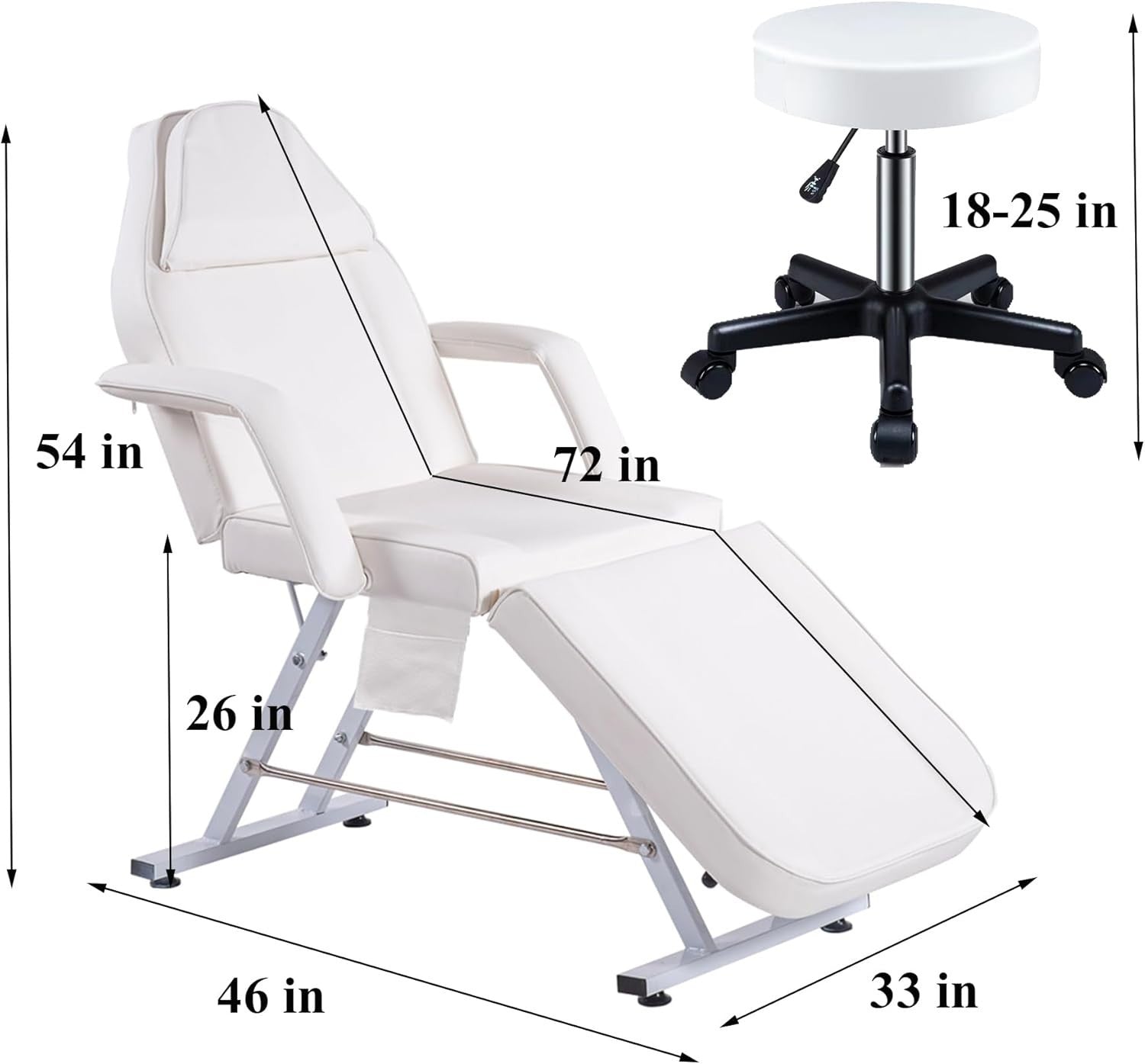 Adjustable 3-Section Beauty Massage Bed w/ Head Cushion & Swivel Stool White