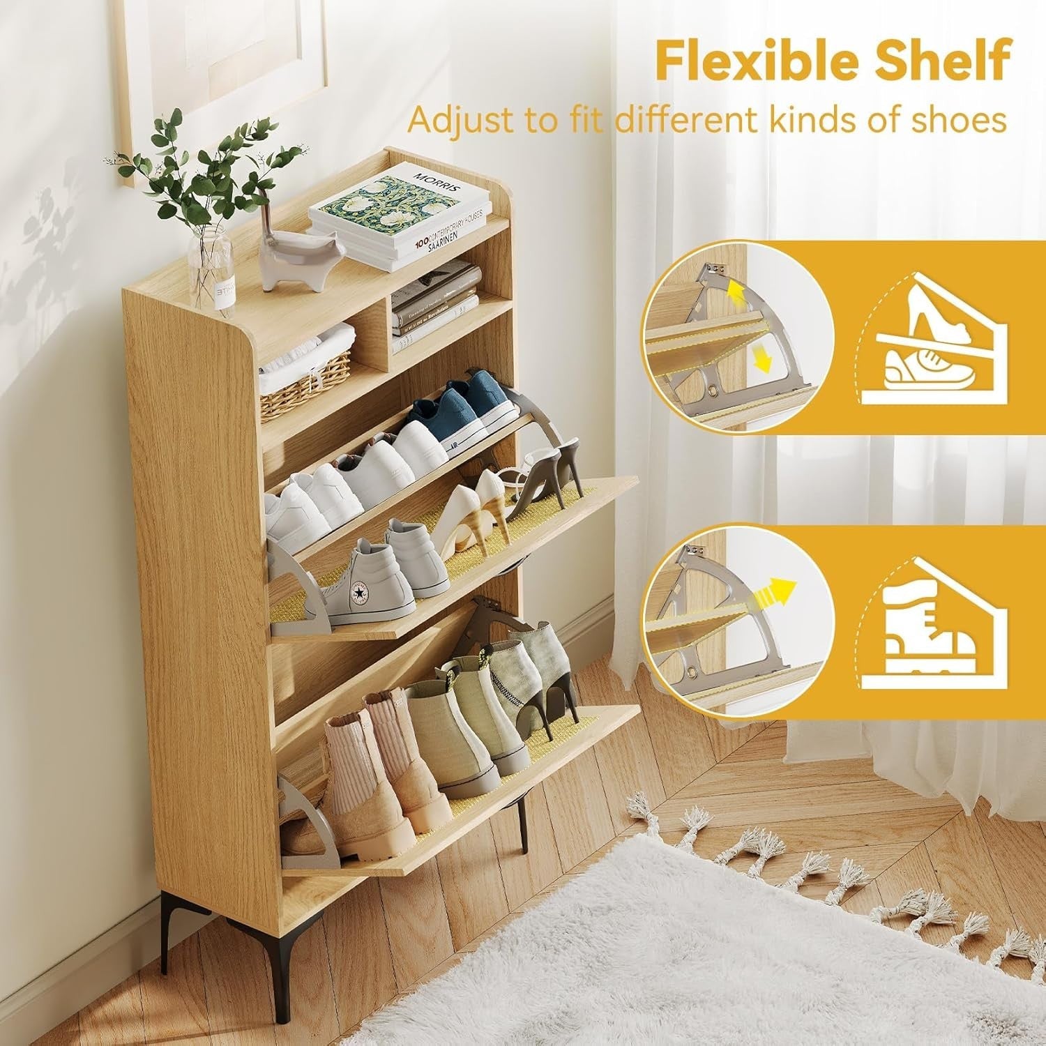 Compact Shoe Cabinet 2 Flip Drawers + Adjustable Dividers, Sturdy & Space-Saving