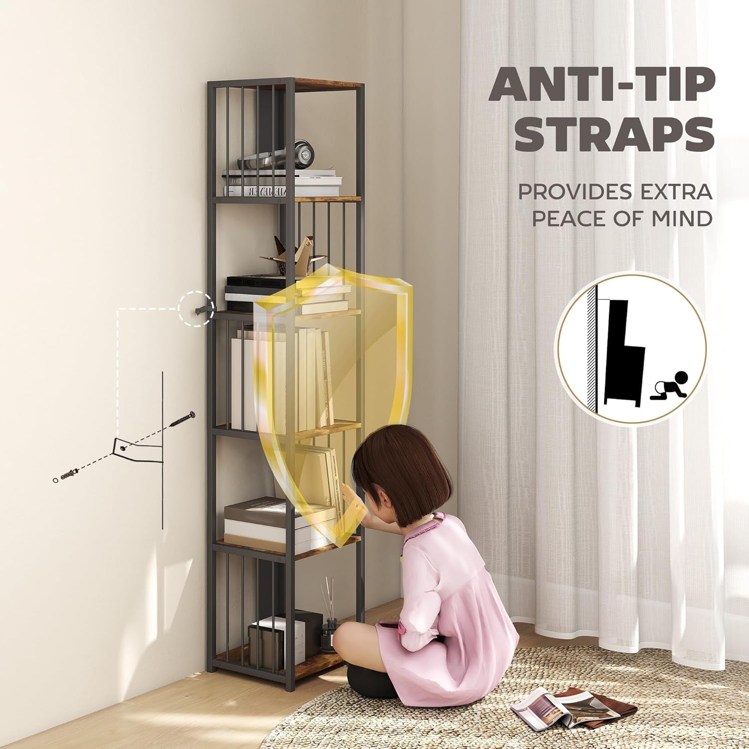 Tall 5-Tier Industrial Bookcase with Steel Frame & Open Shelves – Rustic Brown