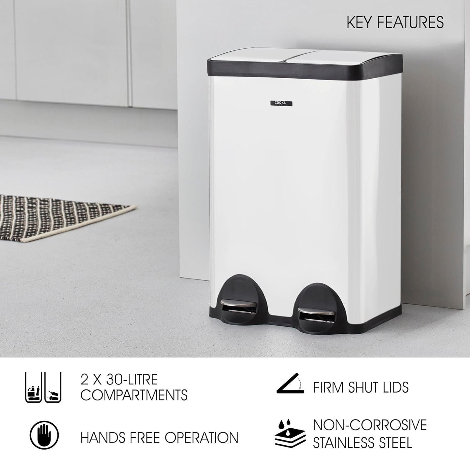 60L Dual Pedal Recycling Bin 2x30L Stainless Steel Soft Close White