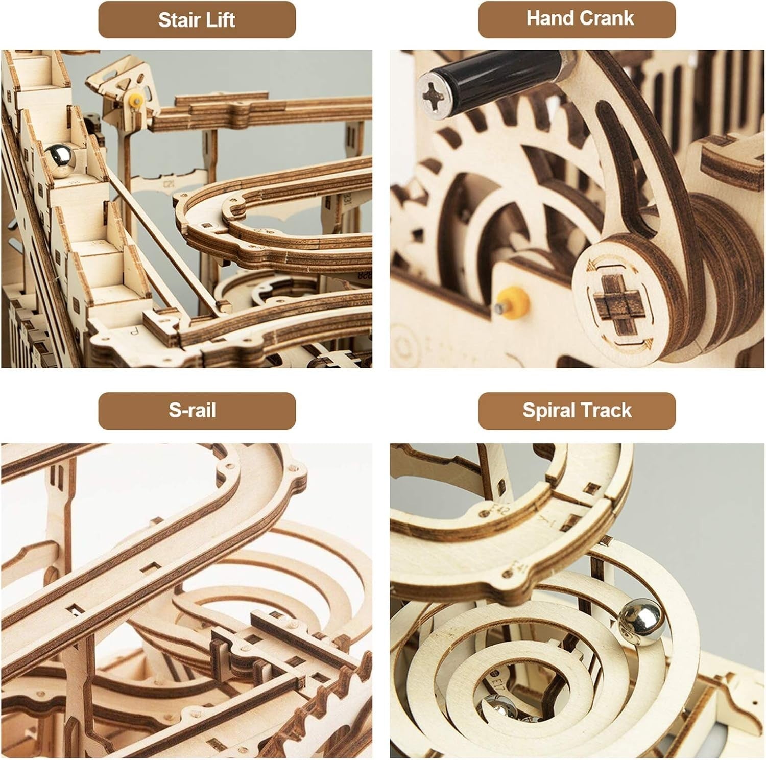 3D Wooden Marble Run Puzzle Coaster | Hand-Cranked Mechanical Model Kit