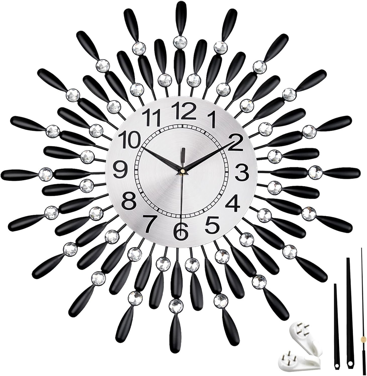 60cm Luxury Sunburst Wall Clock – Diamante Beaded Metal Design Black