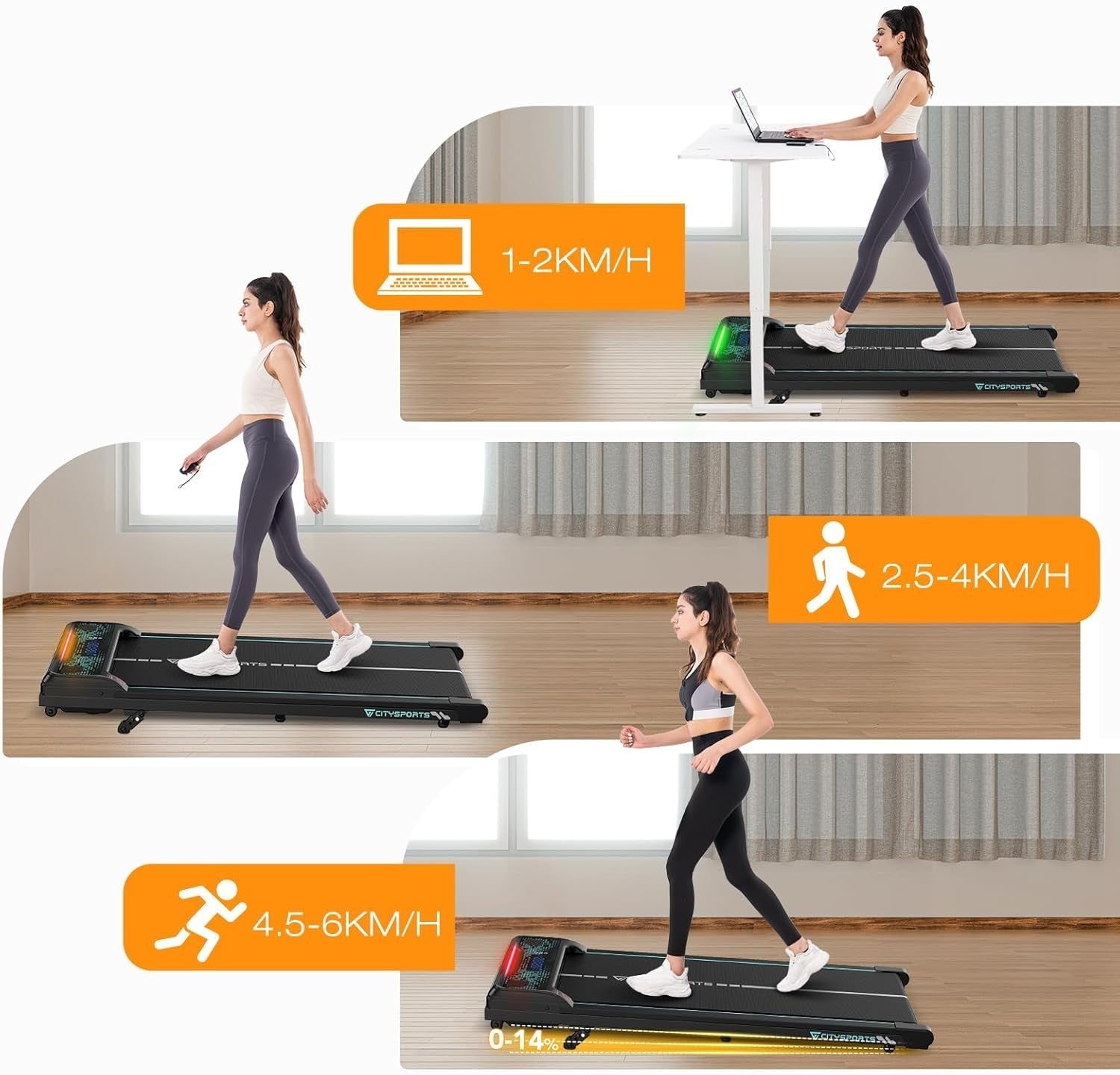 Under Desk Treadmill 6KM/H Incline 0-14% Portable Home Walking Pad