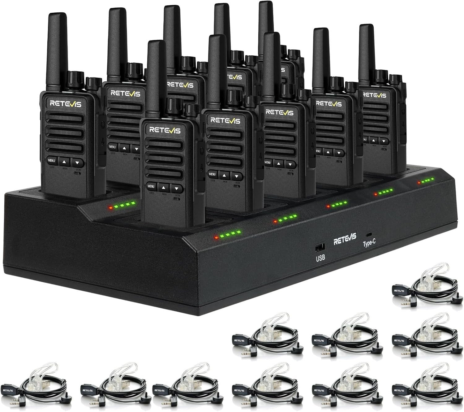 Professional Walkie Talkies 10 Pack PMR446 USB-C 2 Way Radios Charger