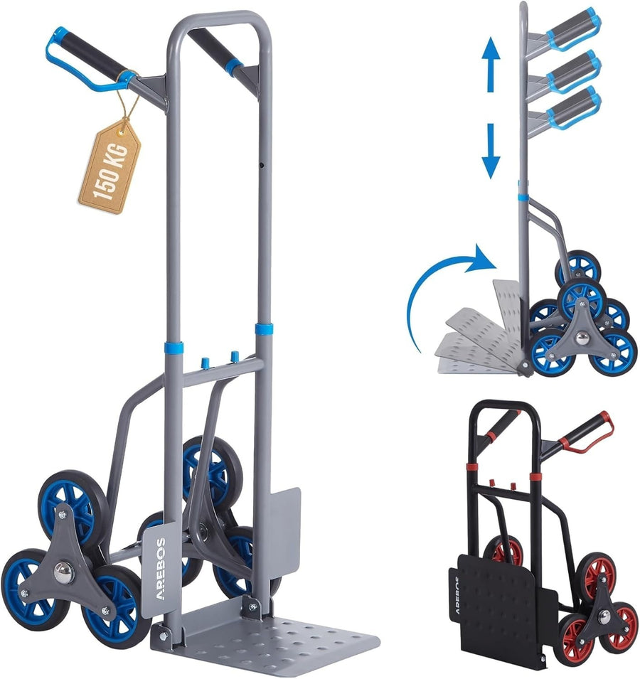 Foldable Stair Climber Sack Truck 150kg Steel Frame Adjustable Handle Grey