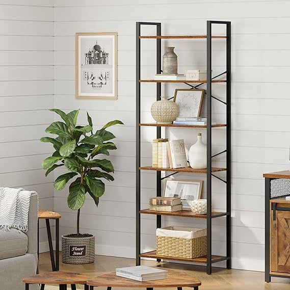 6-Tier Industrial Bookshelf Tall Rustic Brown Metal Wood Storage Unit