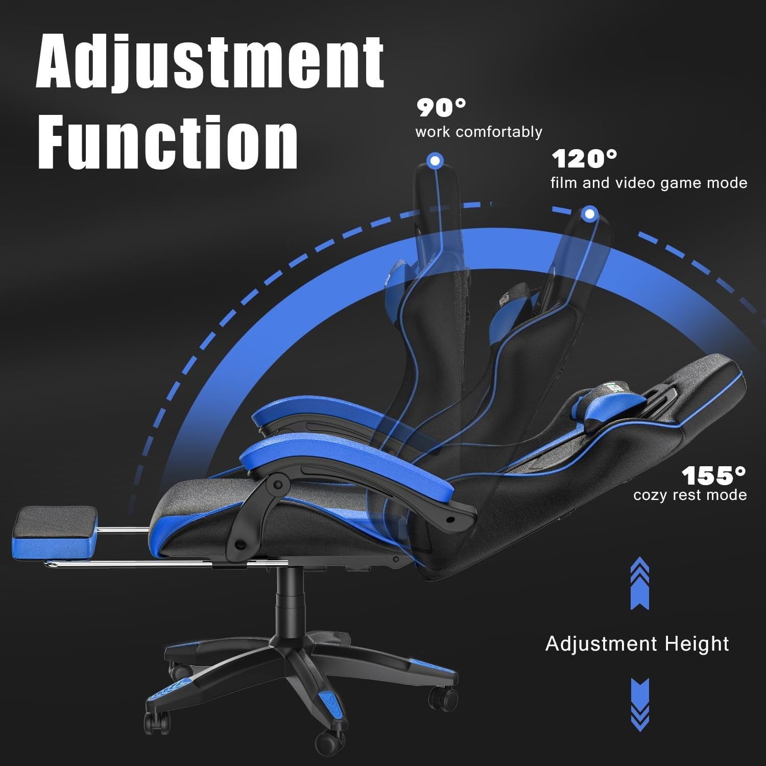 Ergonomic Gaming Chair Recliner w/ Footrest Lumbar Support Blue
