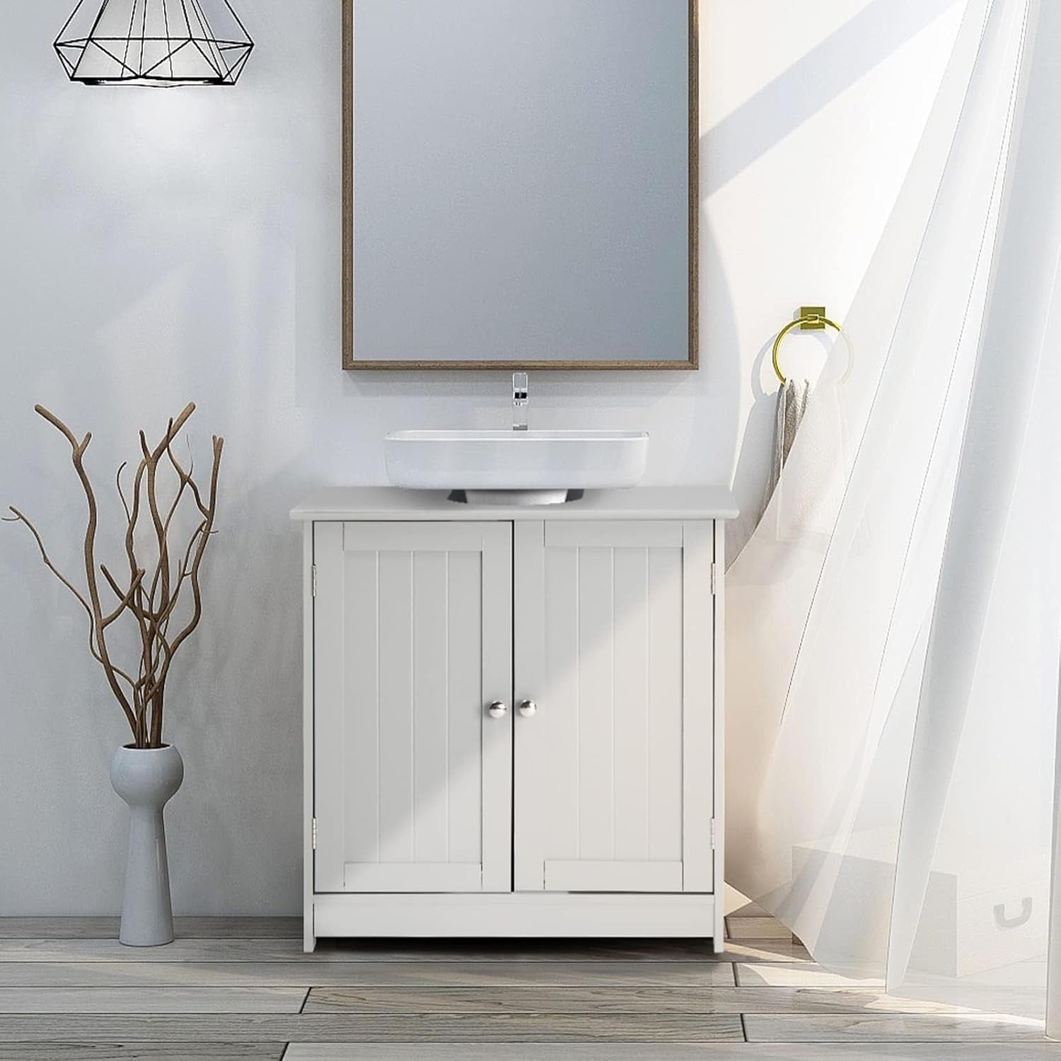 White Under Sink Bathroom Cabinet with Shelves Double Door Storage Unit