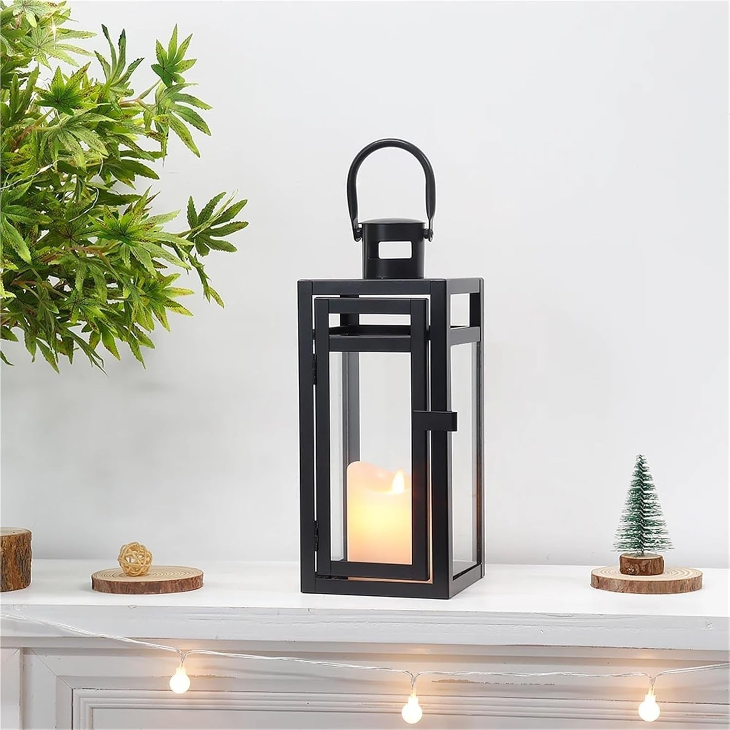 Decorative Black Metal Lantern Candle Holder with Glass for Indoor Outdoor