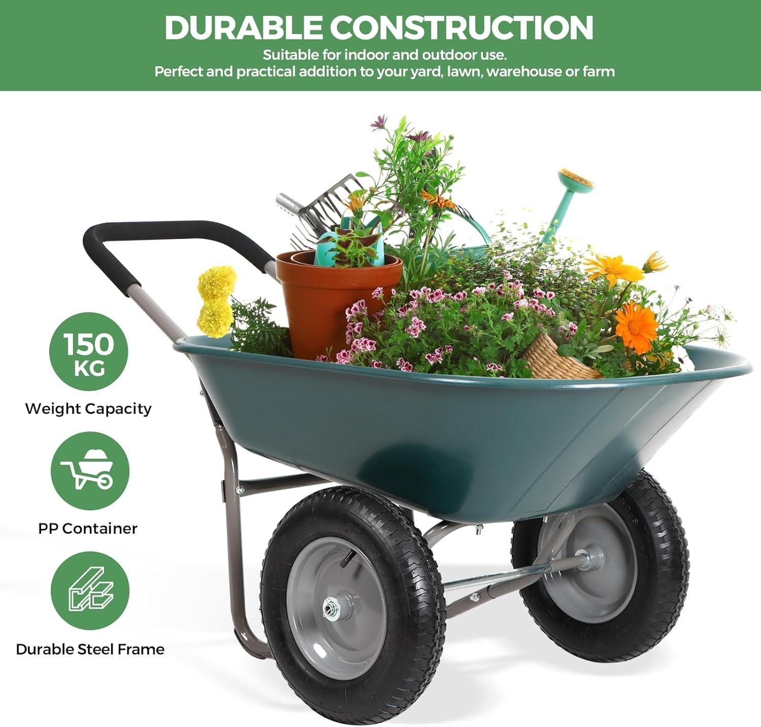 85L 2-Wheel Garden Trolley – Green Heavy Duty Cart w/ Pneumatic Tyres 150kg Load