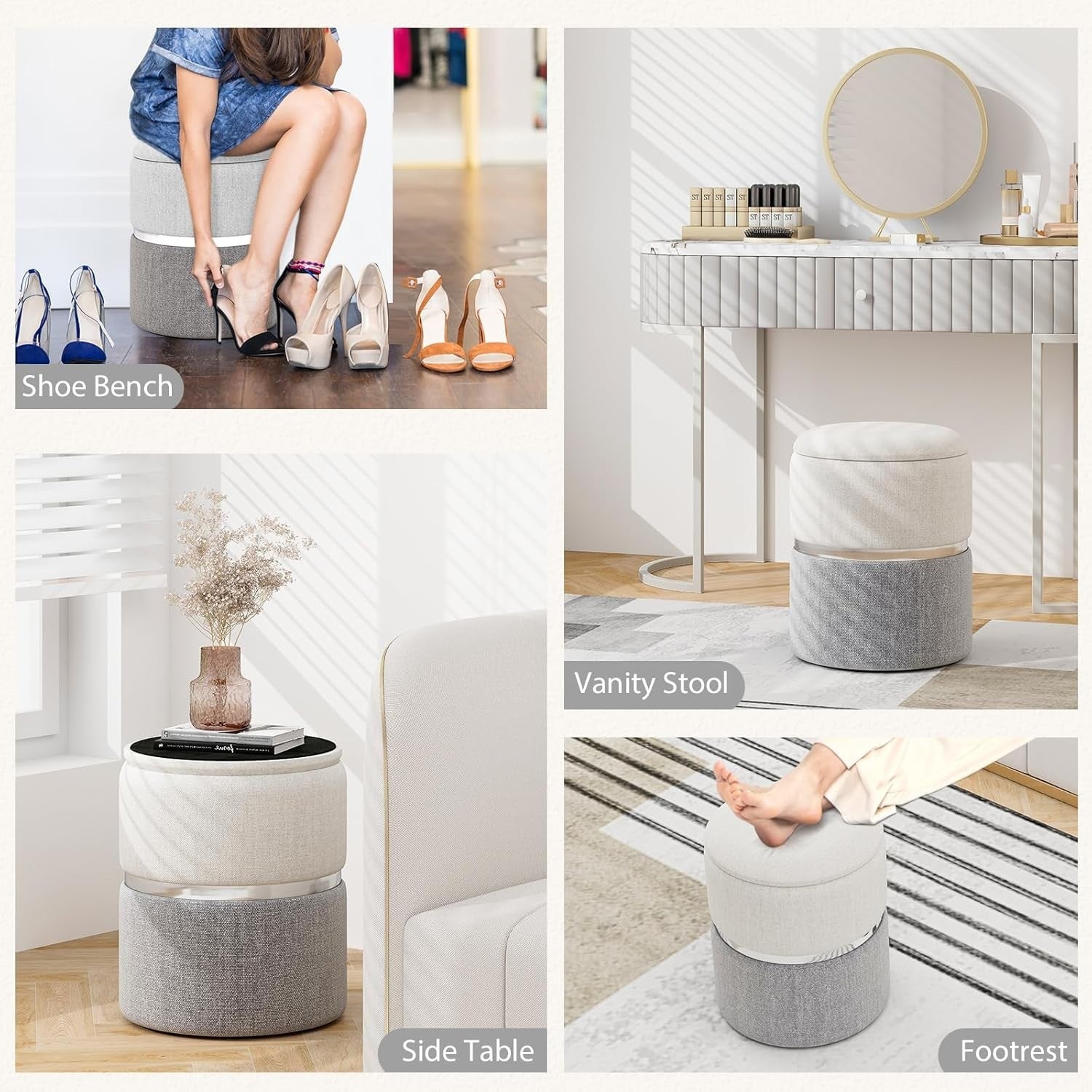 Beige & Grey Nesting Linen Storage Ottomans Set of 2 Round Footstools
