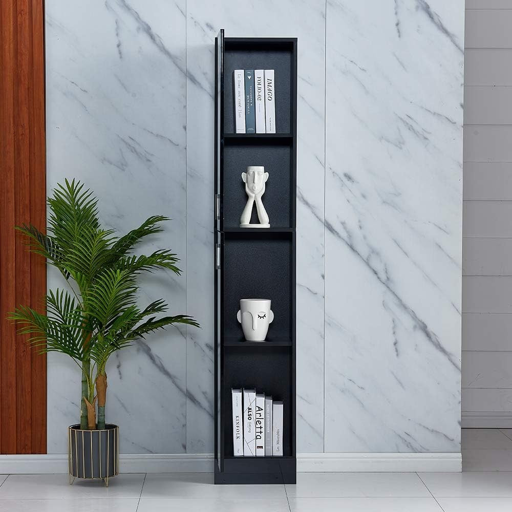 Black Tall Slim Cupboard High Gloss Storage Cabinet 2 Door 4 Shelf Unit