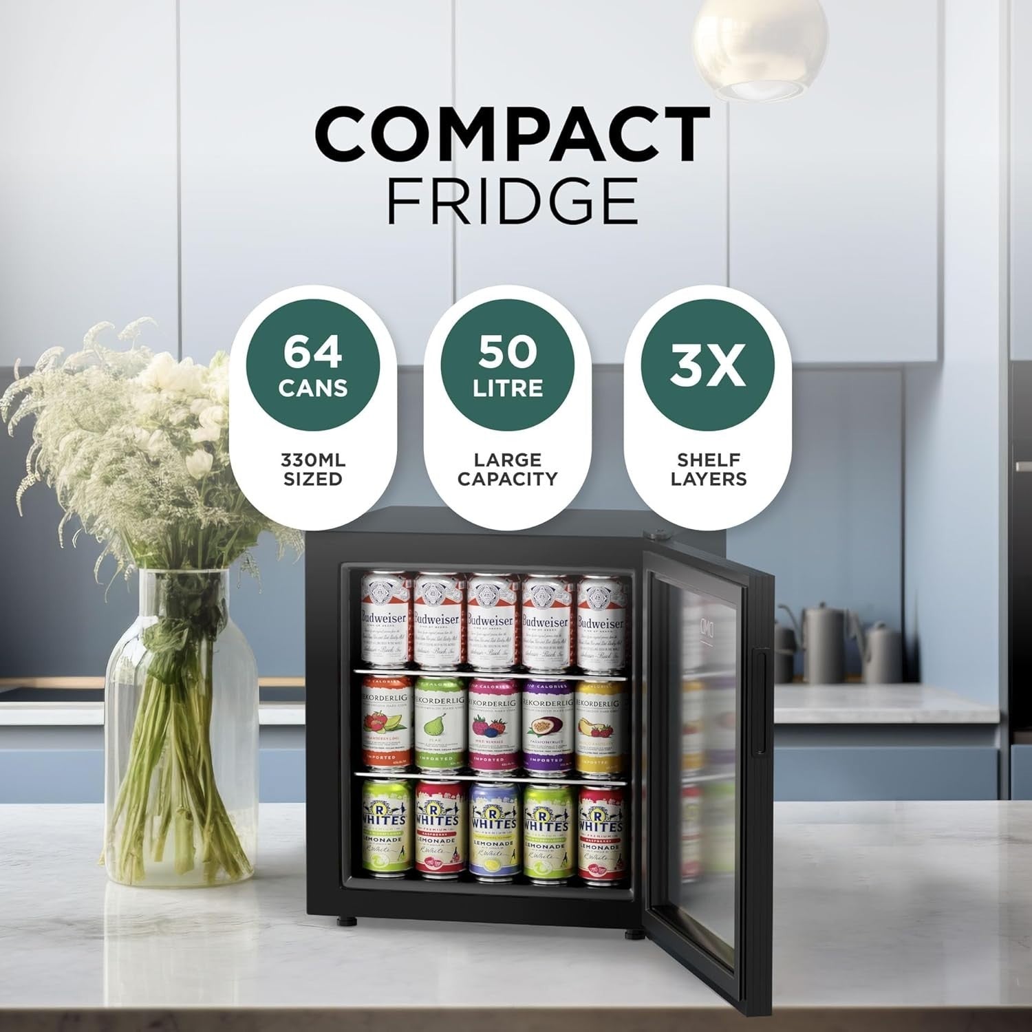 50L Mini Fridge Countertop Glass Door LED Lockable Black Freezerless
