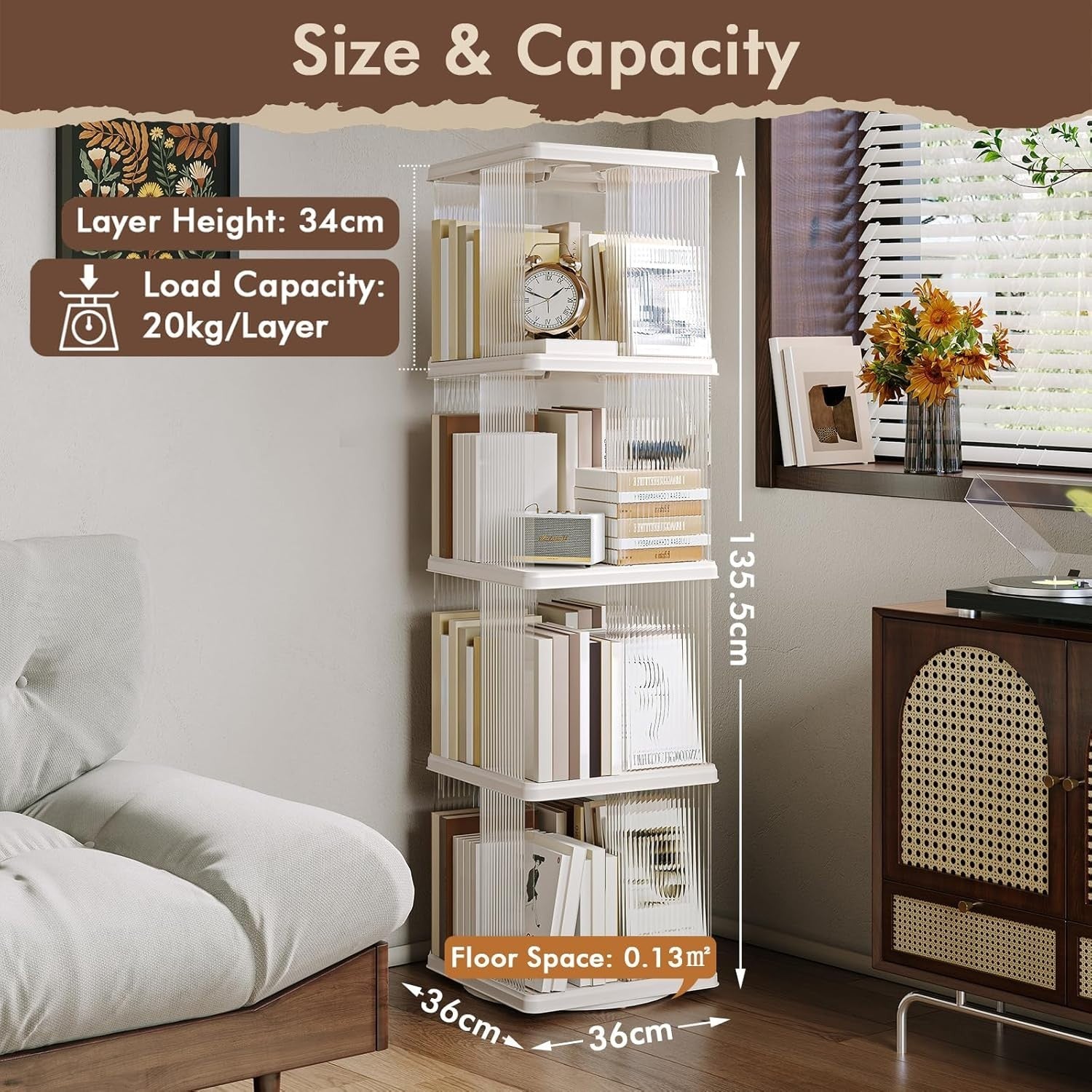 360° Rotating 4-Tier Bookshelf Tall Corner Storage Rack White Compact