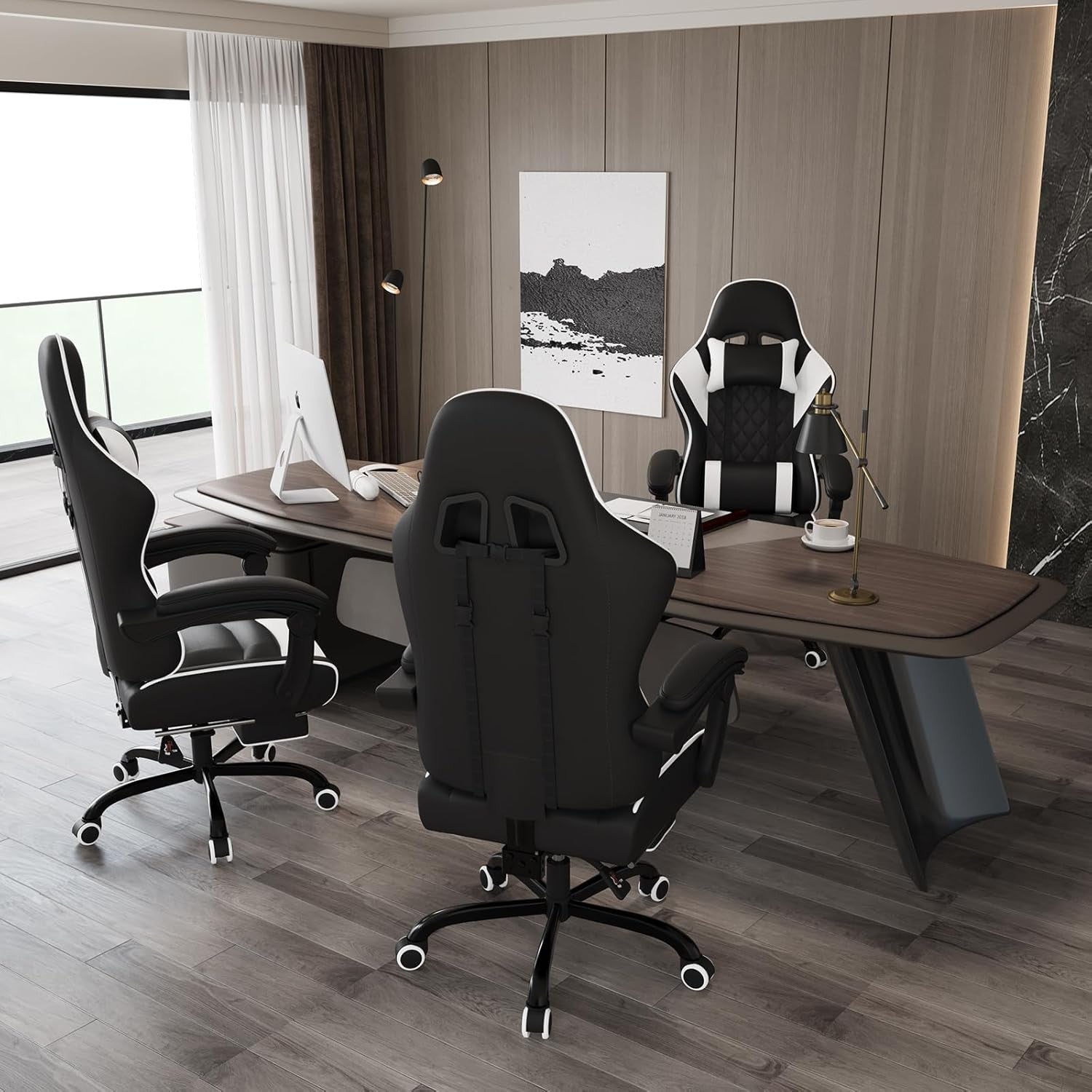 Gaming Chair with Massage Lumbar Recliner Footrest 150kg White