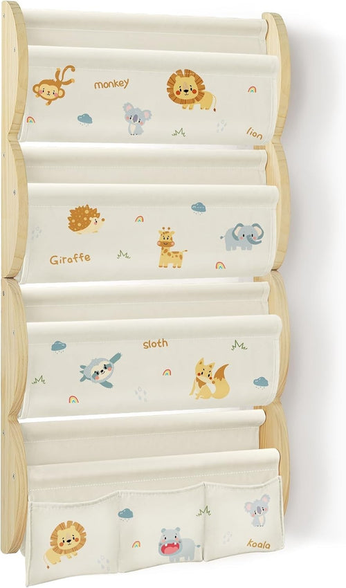 Kids Wall Mounted Bookshelf 4 Tier Floating Shelf with Pockets – Woodland Animal