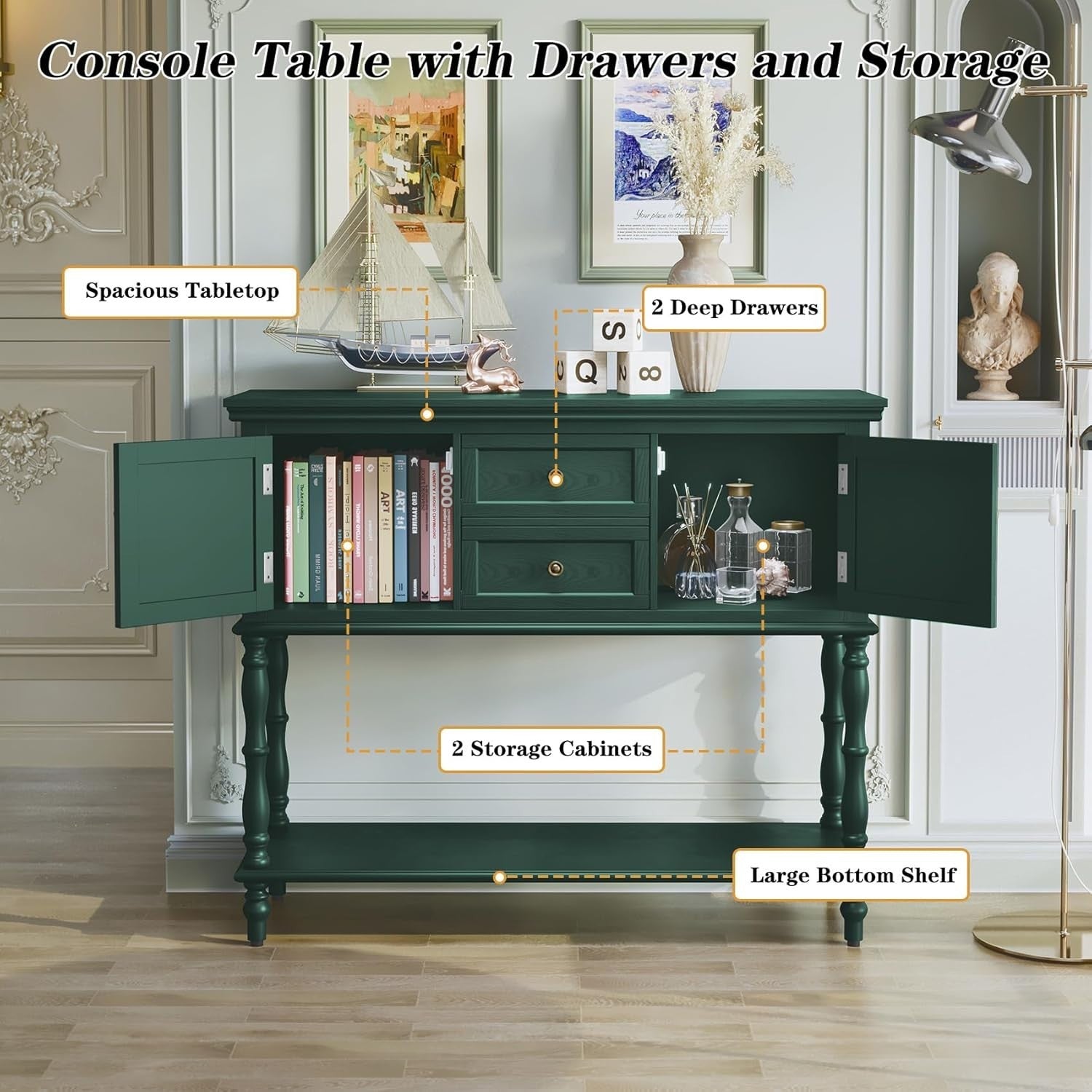 Console Table with Drawers & Storage Cabinet, Retro Hallway Entryway Shelf