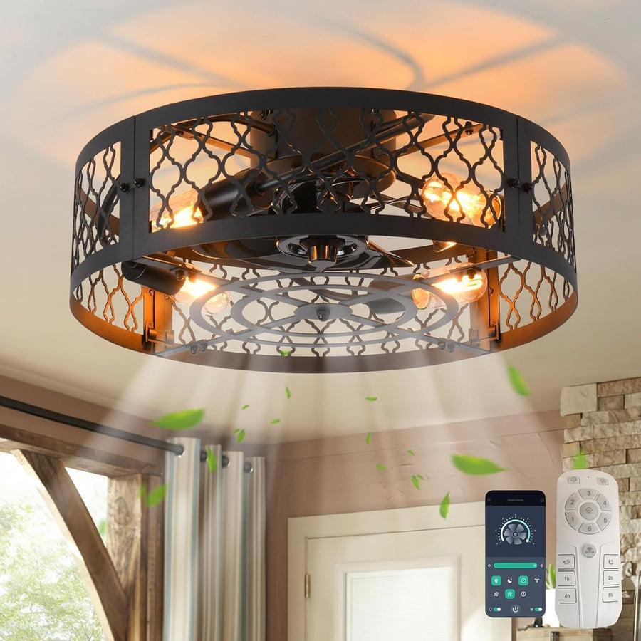 50cm Industrial Ceiling Fan Light, Black Caged, 6 Speed, 4 Lights, Remote