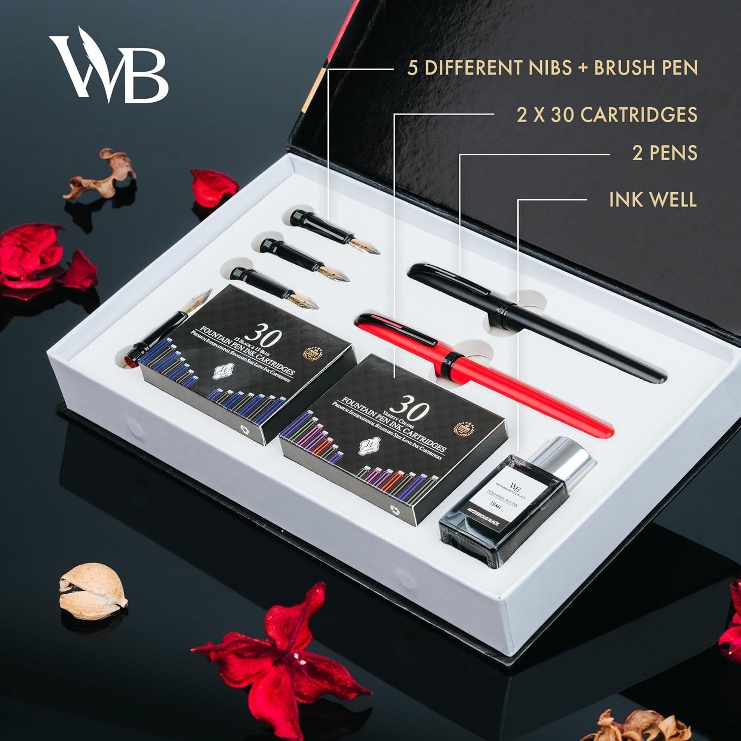 Red & Black Calligraphy Fountain Pen Set 2 Pens Ink Cartridges Gift