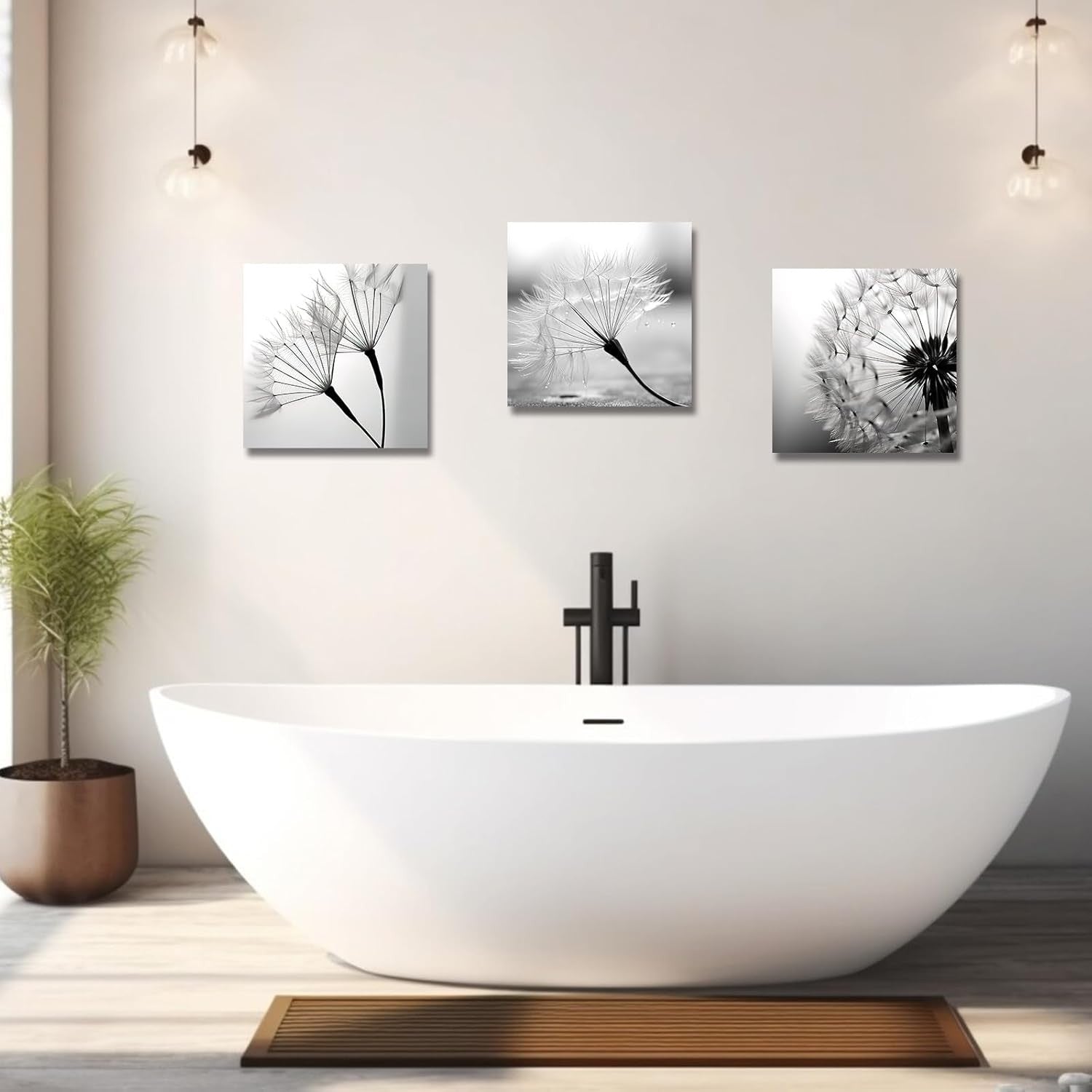 3-Piece Black & White Dandelion Canvas Wall Art 12"x12" Framed